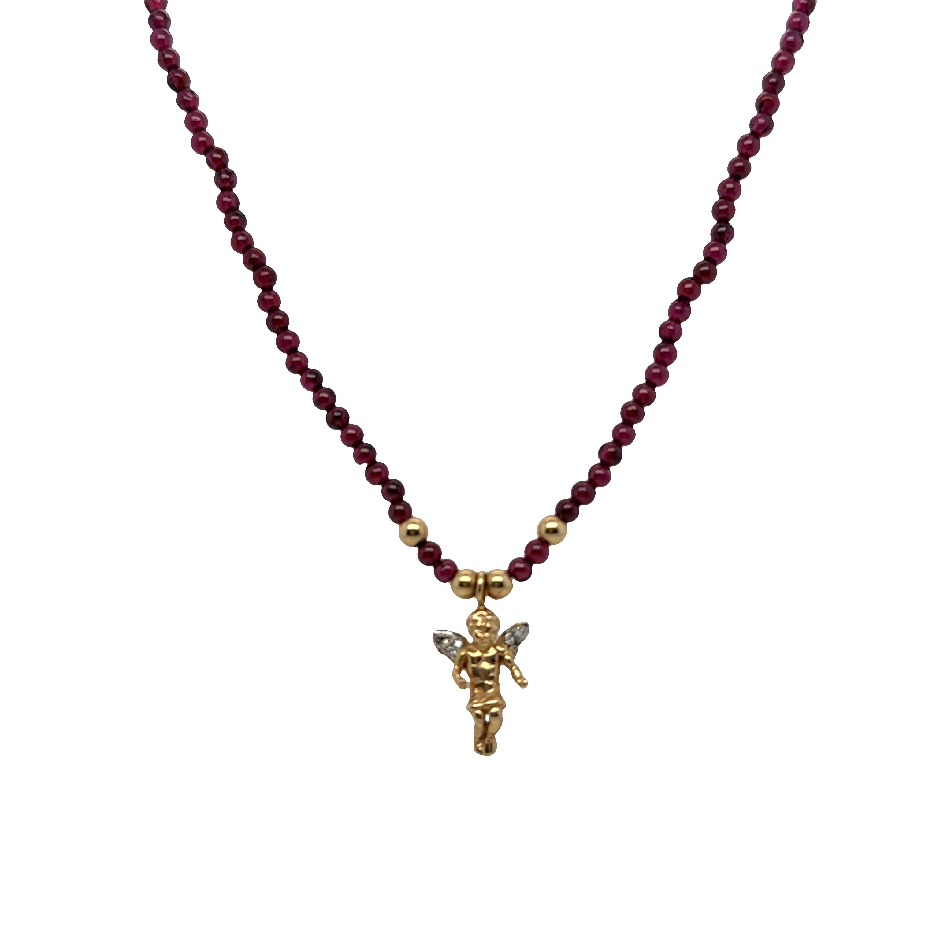 Women's or Men's Angel Pendant with Diamond Wings on Tourmaline Bead Necklace – 14k Gold For Sale