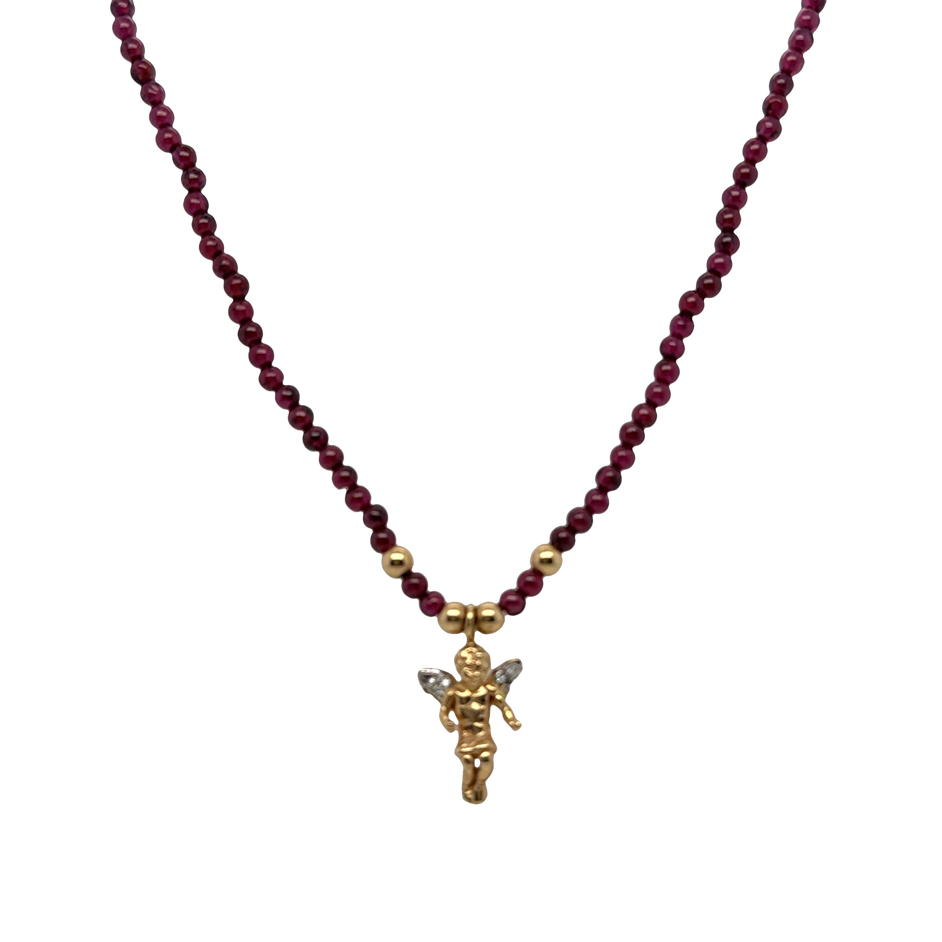 Angel Pendant with Diamond Wings on Tourmaline Bead Necklace – 14k Gold For Sale 1
