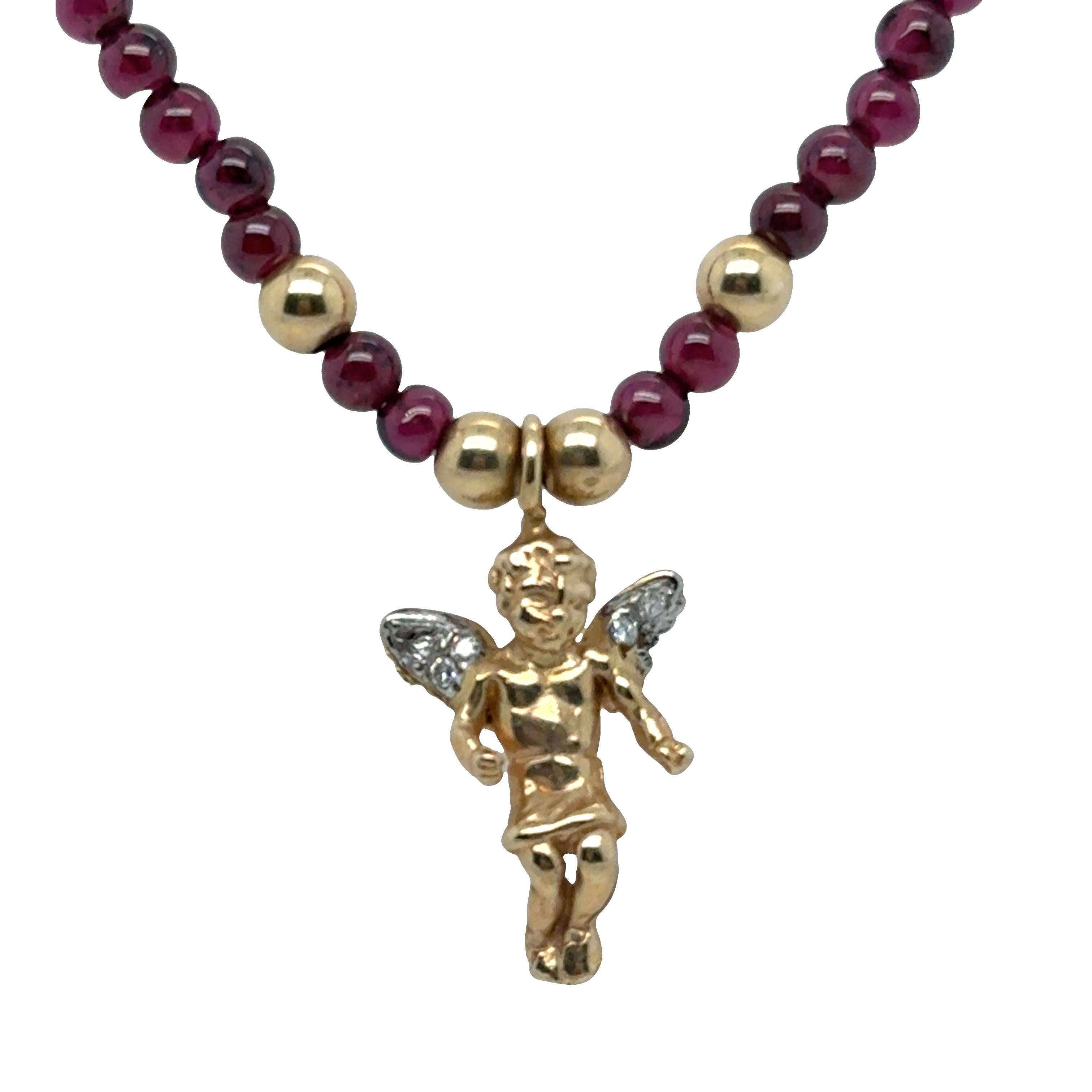 Angel Pendant with Diamond Wings on Tourmaline Bead Necklace – 14k Gold For Sale 2