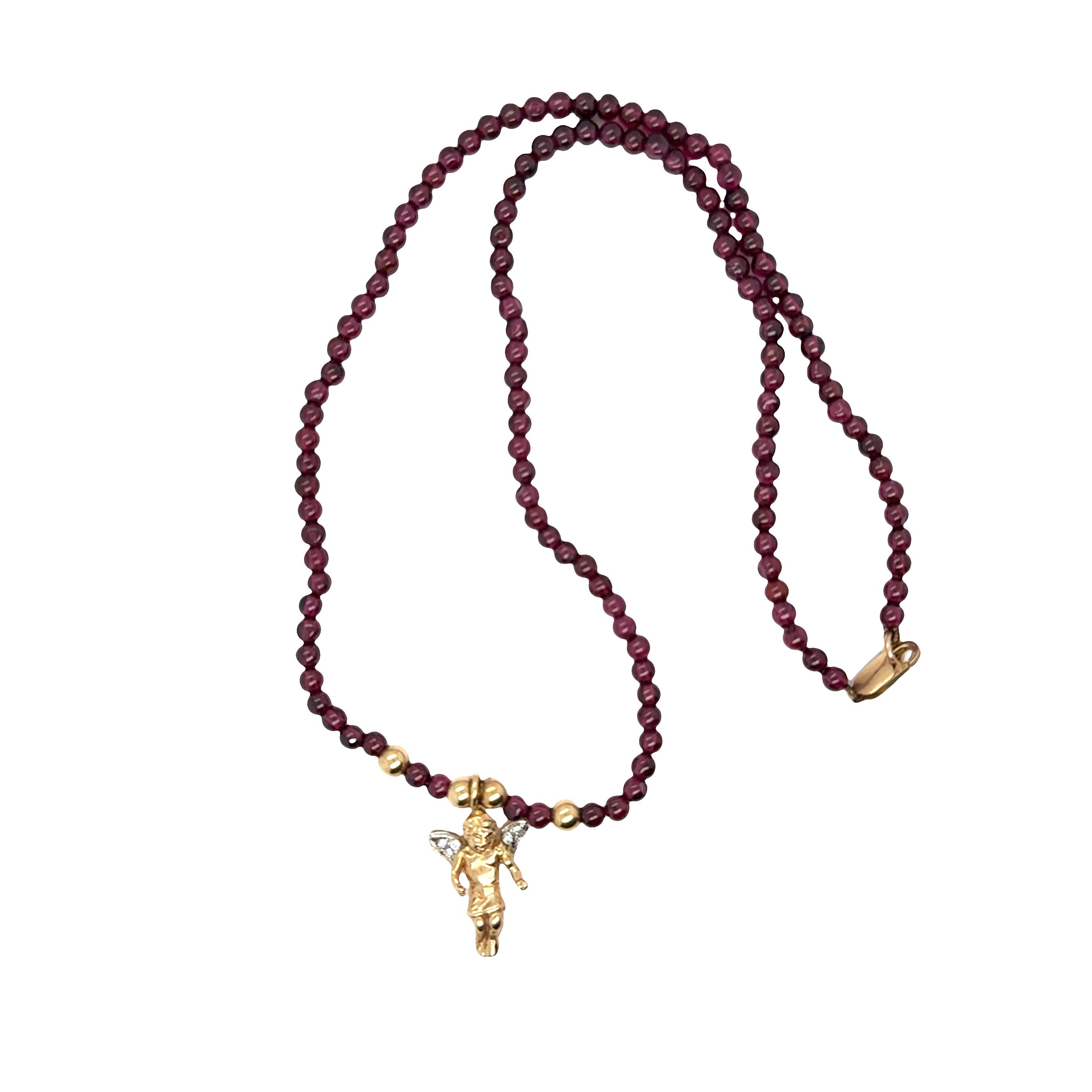 Angel Pendant with Diamond Wings on Tourmaline Bead Necklace – 14k Gold For Sale 4