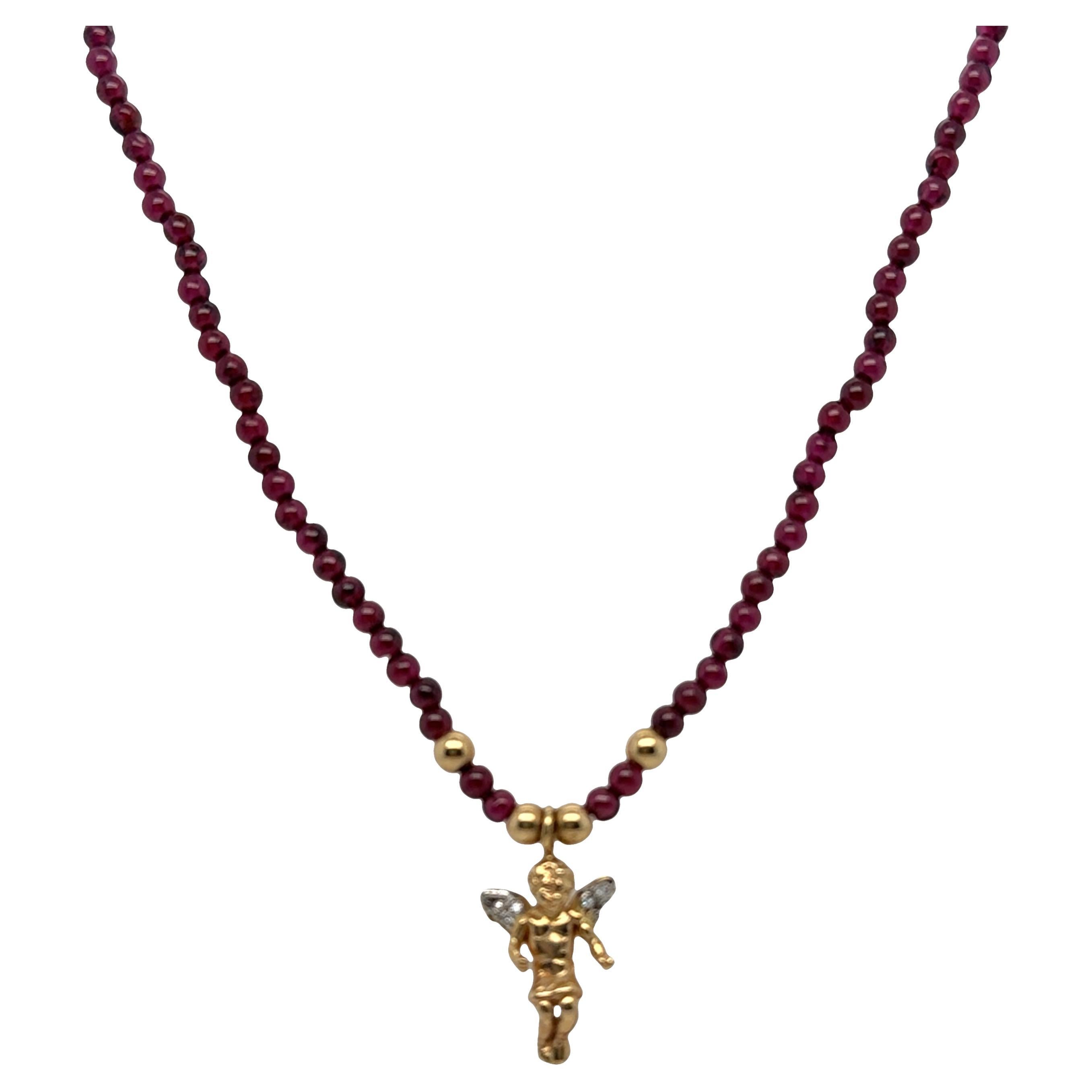 Angel Pendant with Diamond Wings on Tourmaline Bead Necklace – 14k Gold For Sale