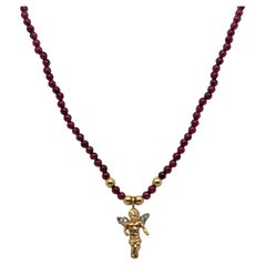 Colgante Ángel con Alas de Diamante en Collar de Cuentas de Turmalina - Oro de 14k
