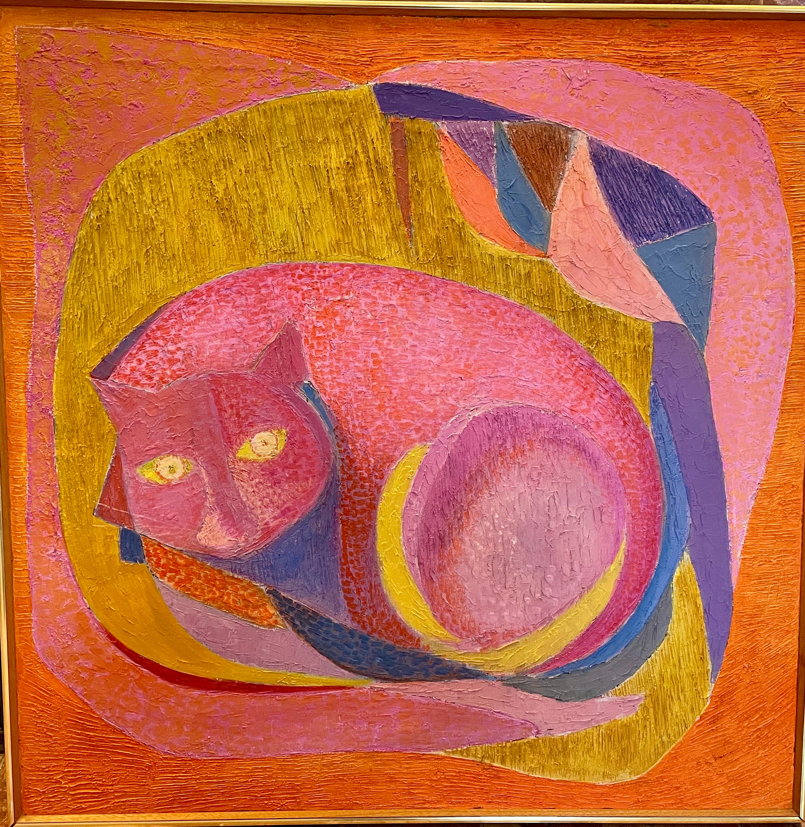 Angel Ponce de Leon, born 1925 in Spain.

Oil painting by Angel Ponce de Leon with the title “Le chat”, oil on canvas 35.7 x 35.7 inches. The painting is signed on the back of the canvas.

The artist lived in Spain until 1948. He attended the Ecole