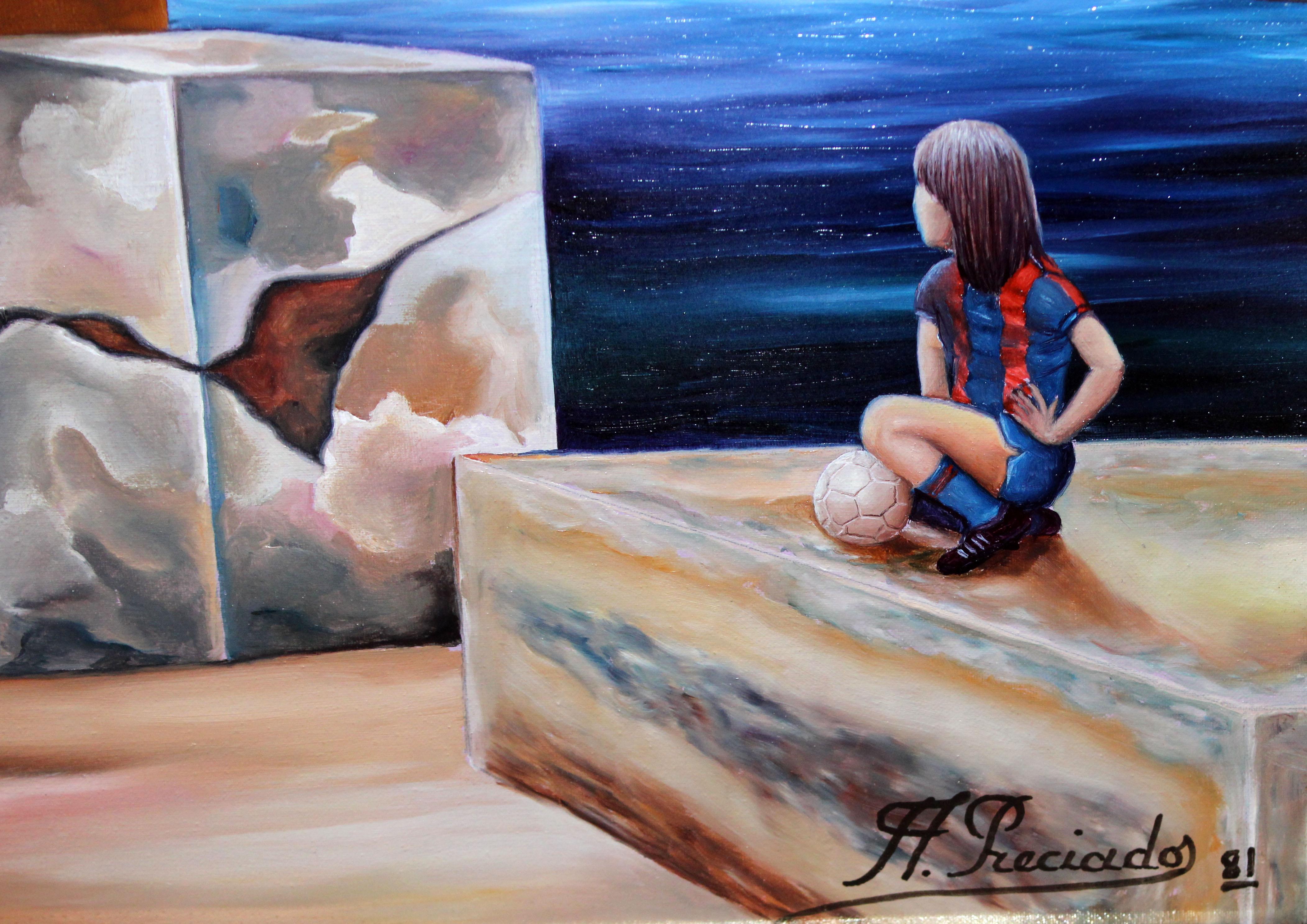 Óleo sobre tela - Alegoria surrealista al F.C.Barcelona - Año 1981 (Braun), Abstract Painting, von Angel Preciados Vega (1953)