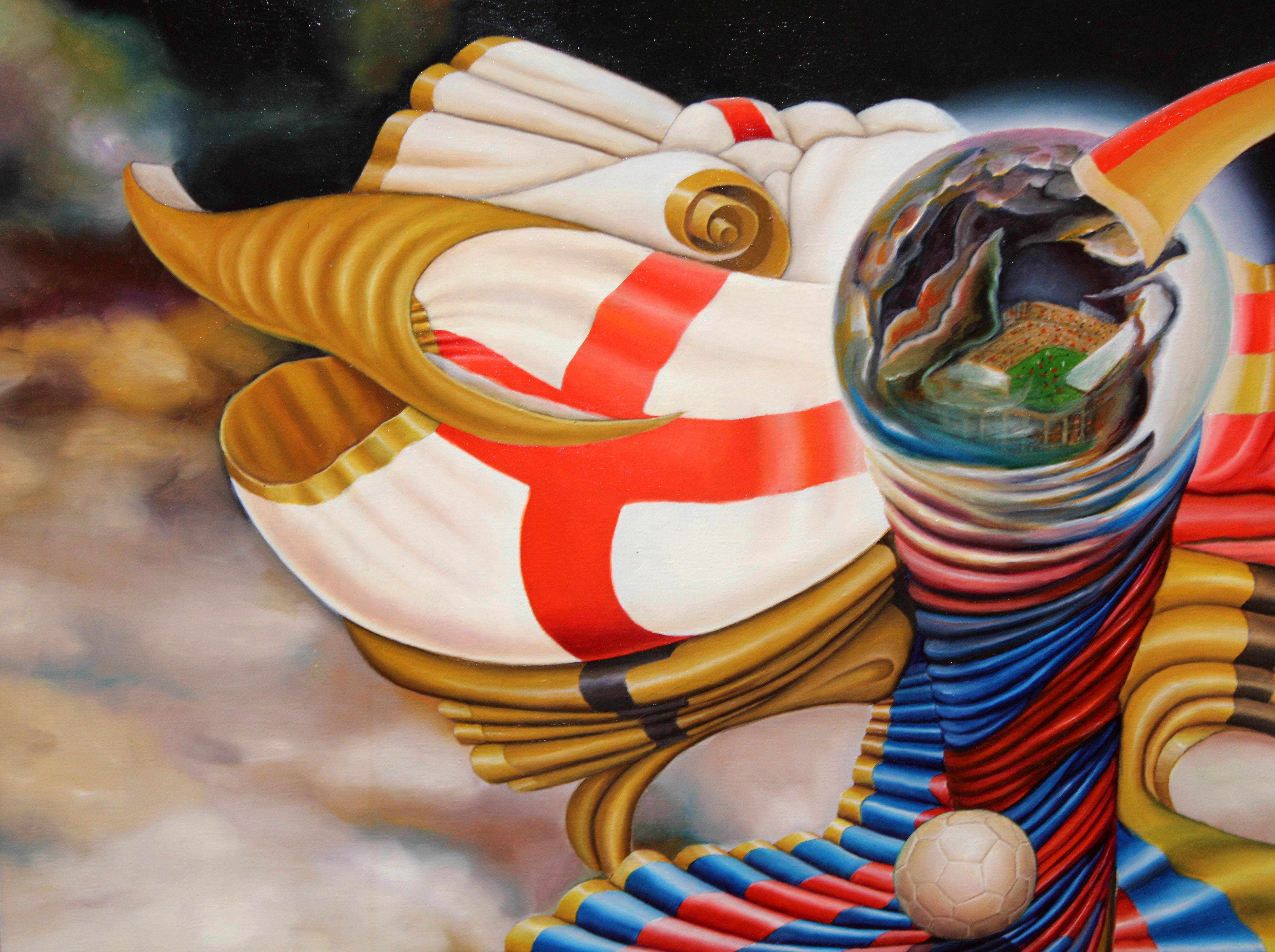 Alegoría al Fútbol club Barcelona - Óleo sobre tela - Surréalisme Painting par Angel Preciados Vega