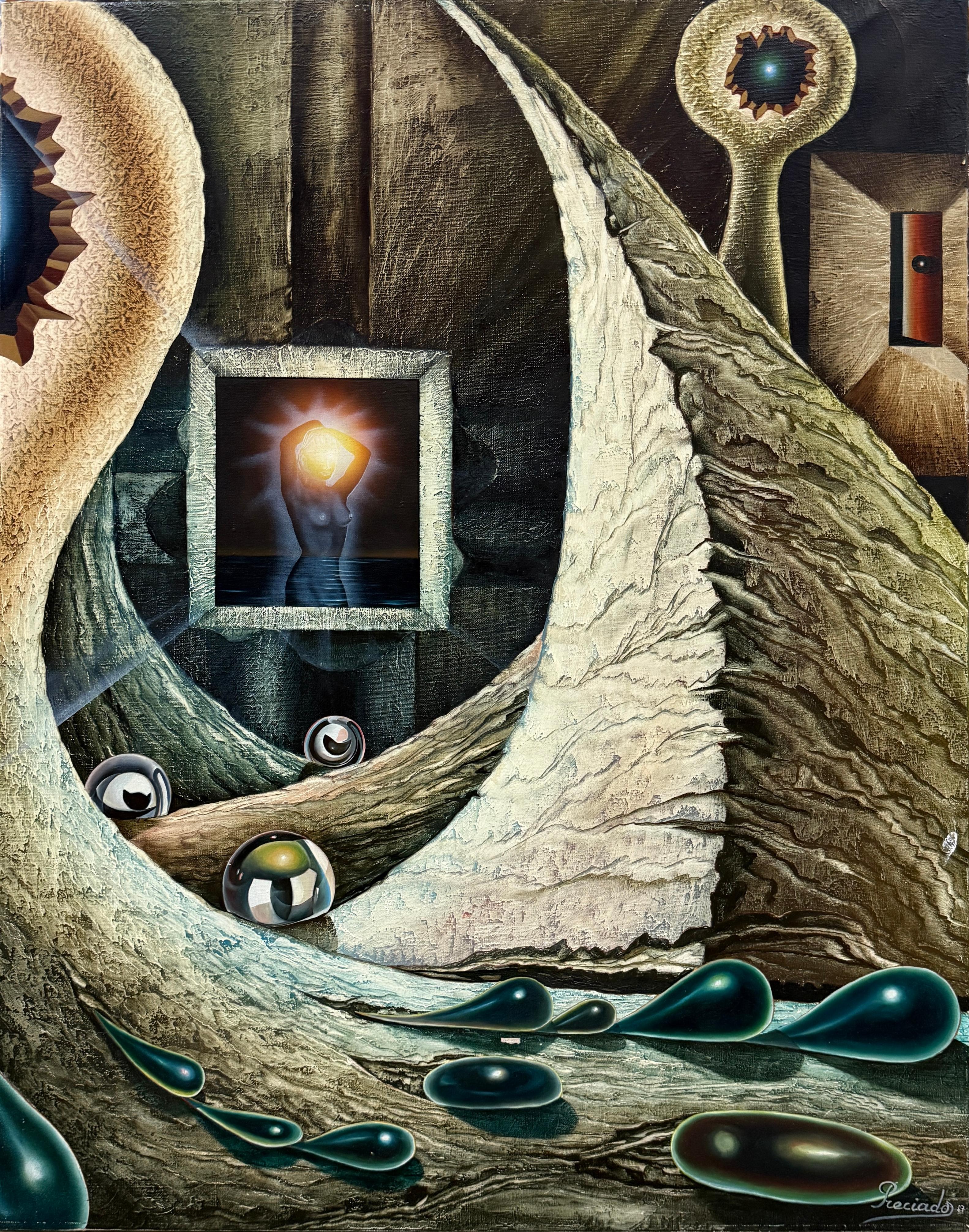 Surrealistischer weiblicher Akt mit kosmischen Kugeln und biomorpher Landschaft Öl Leinwand Kunst