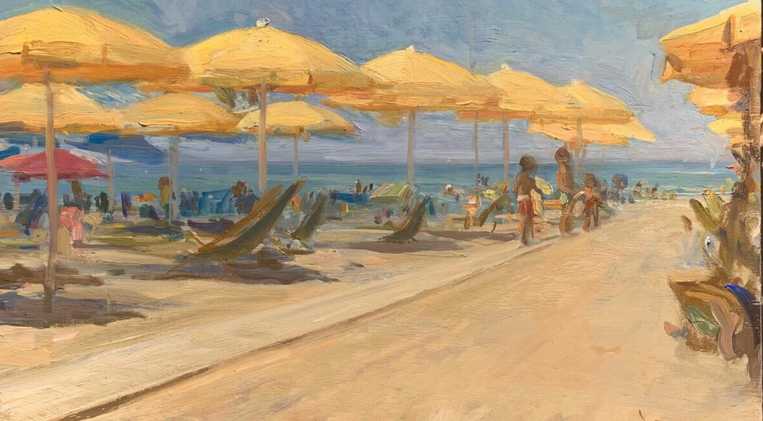 Afternoon, Bagno Artiglio  Italy oil Florence Academy Italian Landscape Beach - Painting by Angel Ramiro Sanchez