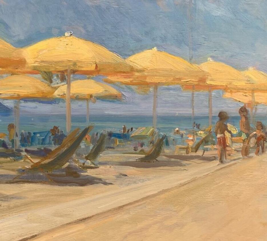 Afternoon, Bagno Artiglio  Italy oil Florence Academy Italian Landscape Beach - Beige Figurative Painting by Angel Ramiro Sanchez