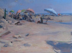 Pittura a olio "Bagno a Ogunquit", scena di spiaggia - bagnanti ombrelloni, Maine