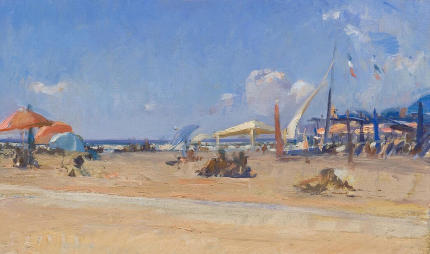Plage  Italie huile Florence Academy Italian Landscape Beach - Marron Figurative Painting par Angel Ramiro Sanchez