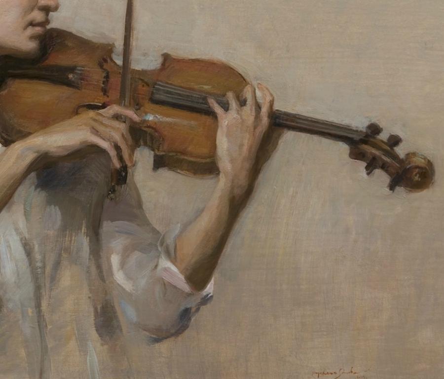 Cadenza , Figurative, Oil on Panel, Style of Classical Realism. Florence Academy - Painting by Angel Ramiro Sanchez