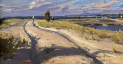 "Circle Beach" Realist painting of circle beach, cloudy sky and green grass