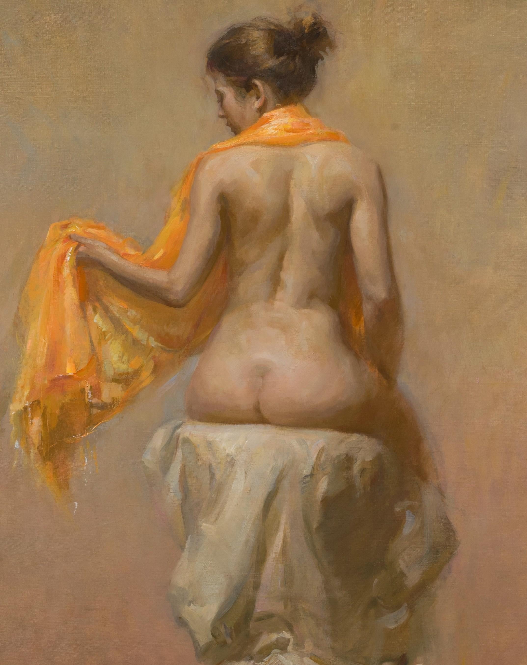 Orangefarbene weibliche figurative Kunst-Impressionistin  Akademie Florenz  Bildliche Darstellung  Öl – Painting von Angel Ramiro Sanchez