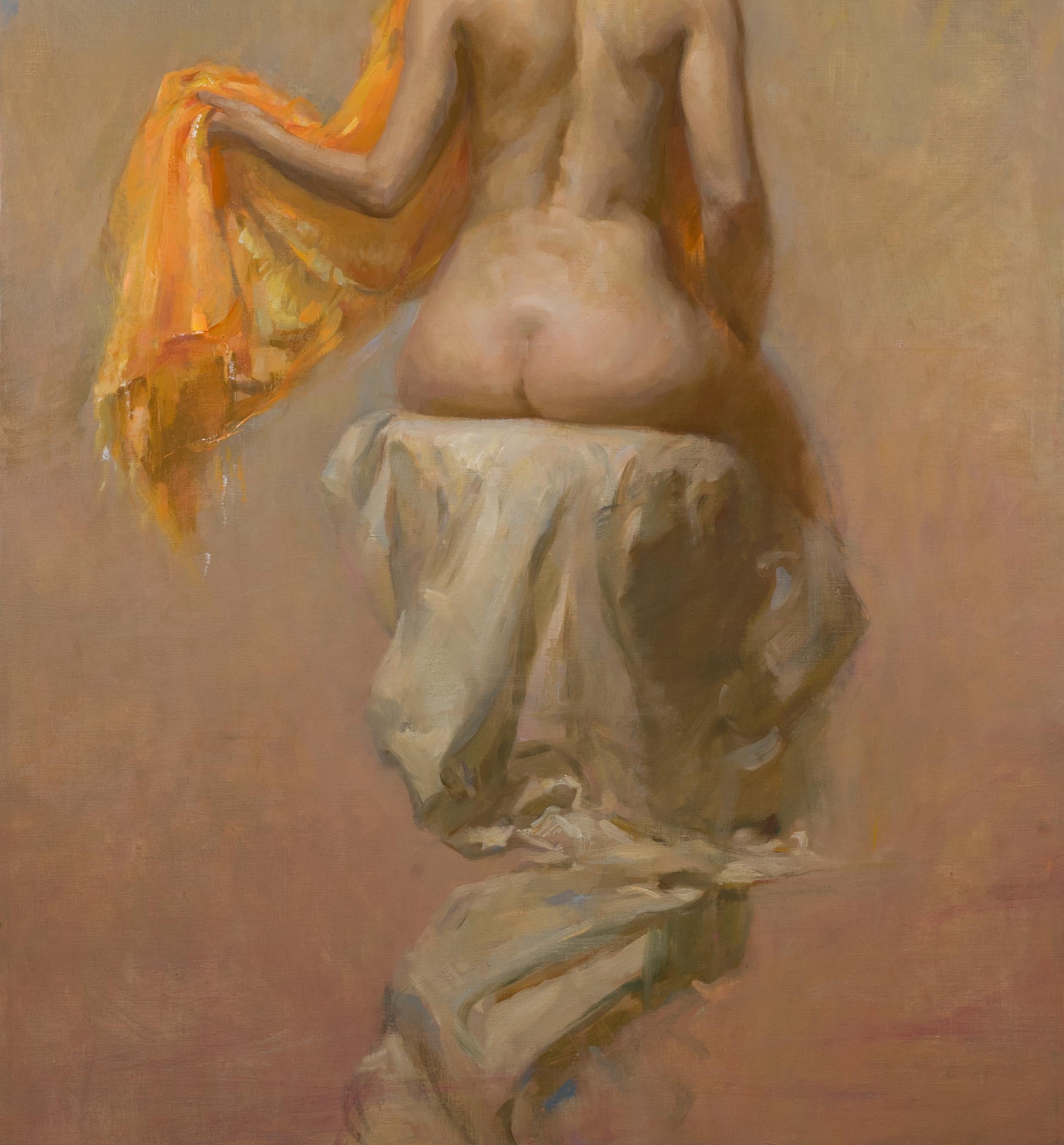  Pintada a partir de un boceto del natural, una figura femenina desnuda está sentada con una tela naranja sobre los hombros. Ramiro coloca la figura sobre un pedestal, envuelta en linos blancos. La espalda de la figura queda al descubierto,