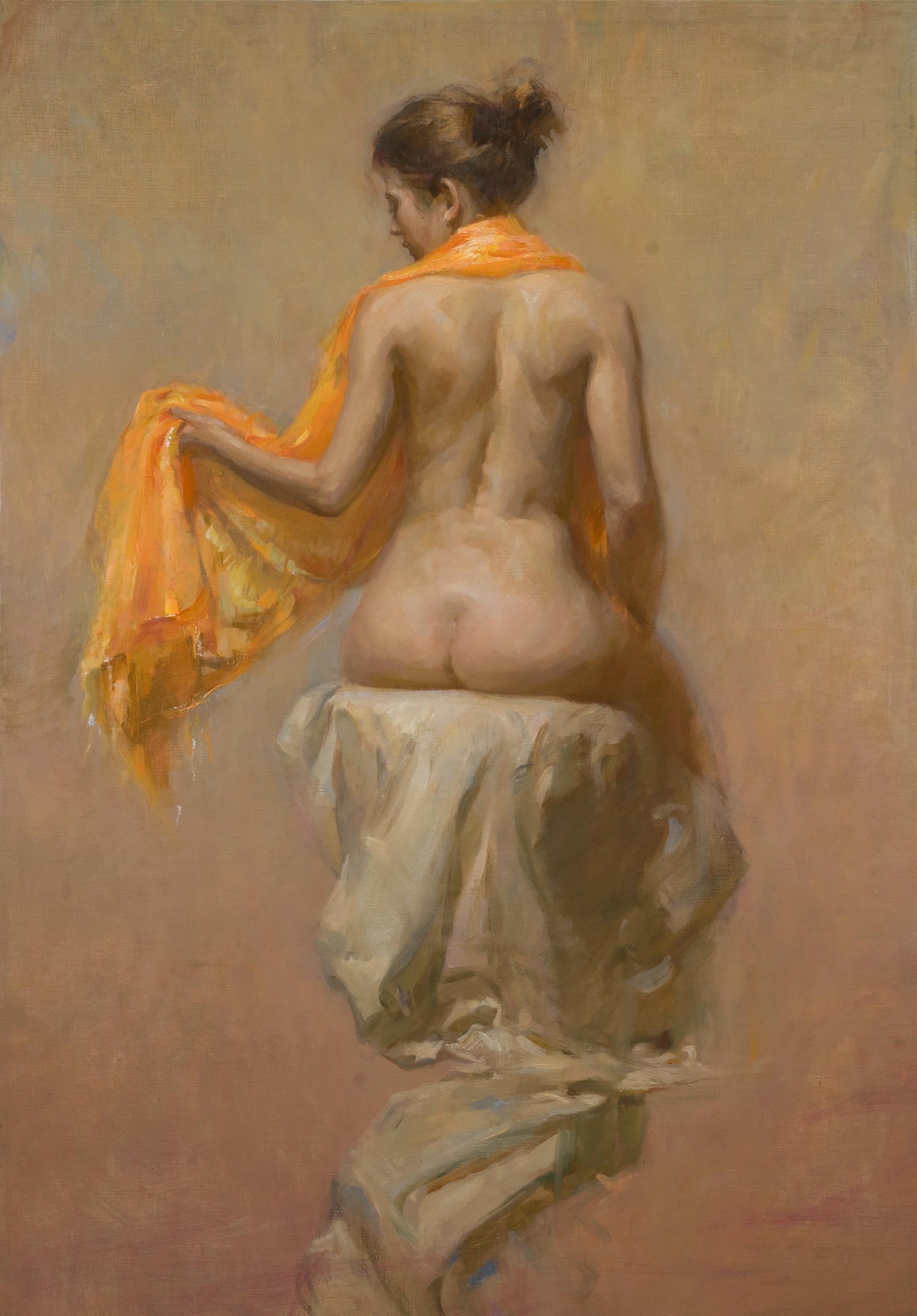 Figurative Painting de Angel Ramiro Sanchez - Naranja Mujer Arte Figurativo Impresionista  Academia de Florencia  Figurativo  Aceite