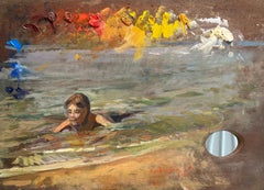 "Palette Swimmer" Oil Painting on Artist's Palette, Boy Swimming, 12x16inch