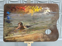 "Palette Swimmer" Oil Painting on Artist's Palette, Boy Swimming, 12x16inch
