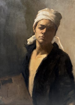 "Self Portrait in Turban" realist oil painting, classical figure w white cloth