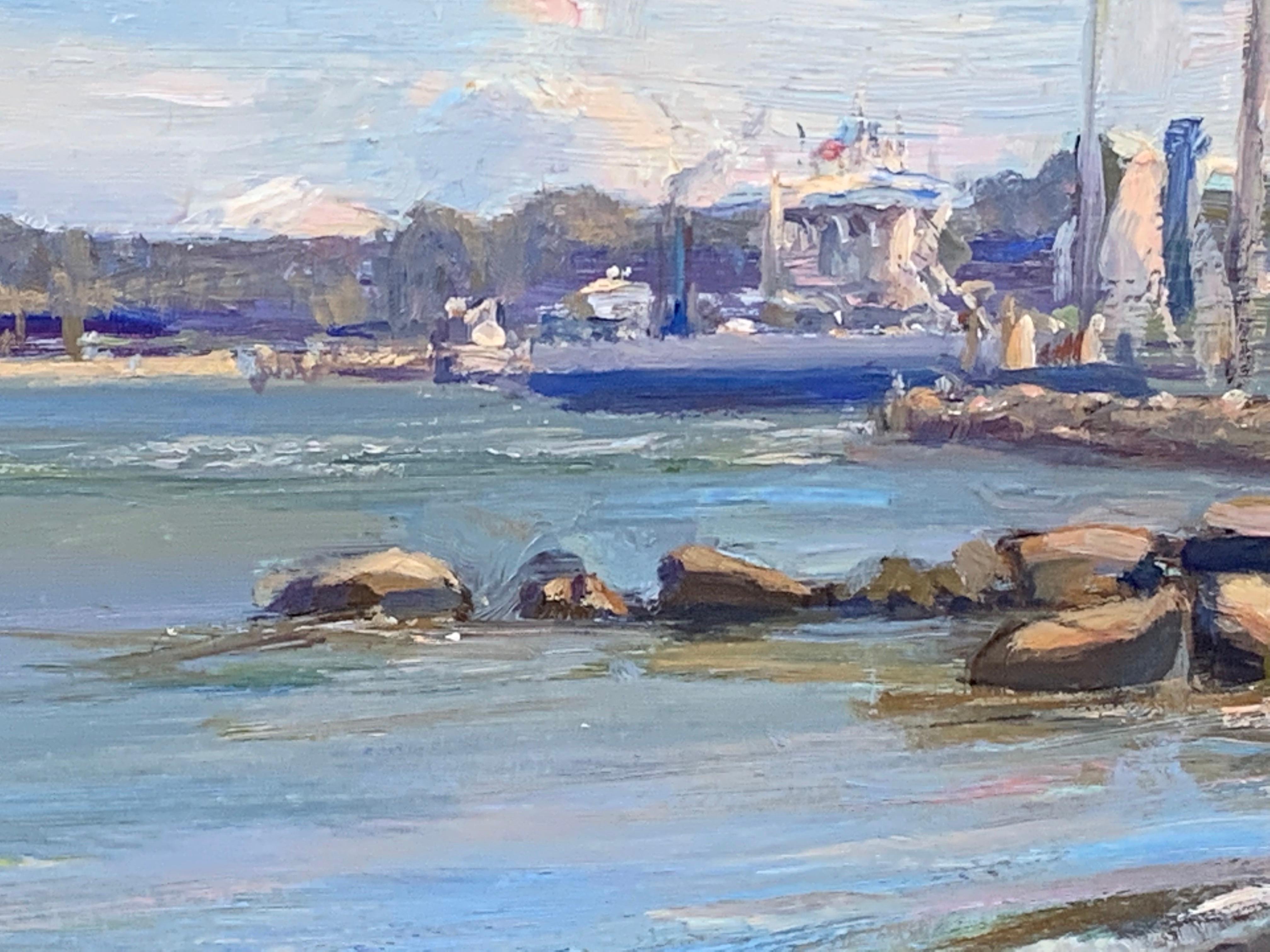 Nach dem Leben gemalt, eine subtile und farbenfrohe Meereslandschaft. Die South Ferry fährt über die Peconic Bay, von North Haven, Sag Harbor, nach Shelter Island. Ein bescheidener Ort in den berühmten Hamptons von New York. 


Unterzeichnet: Angel