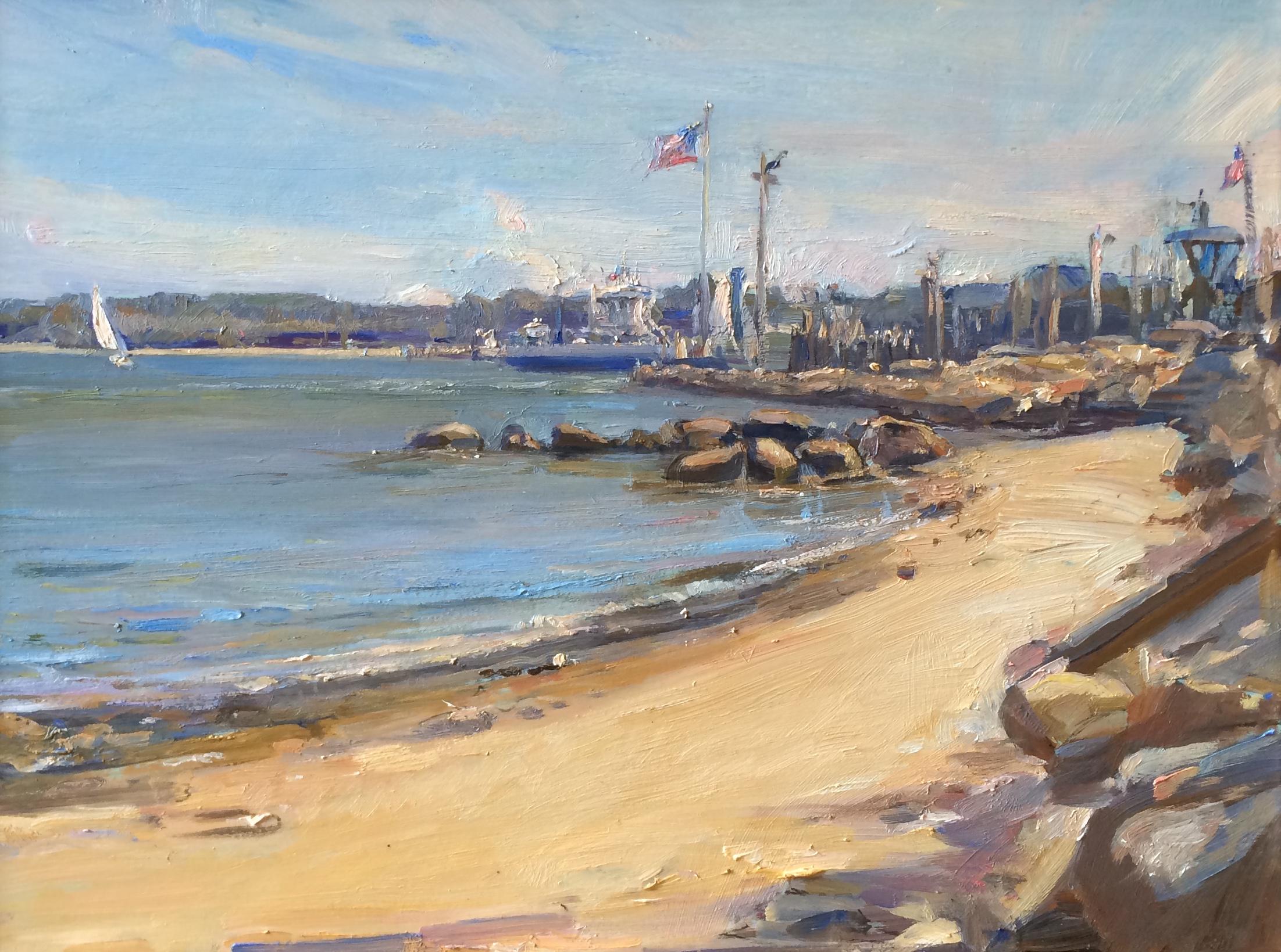 Figurative Painting di Angel Ramiro Sanchez - "Traghetto meridionale da Shelter Island" Pittura a olio, paesaggio marino Sag Harbor, Hamptons