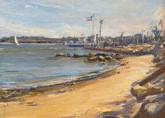 "South Ferry from Shelter Island" Oil painting realist seascape, signed, framed