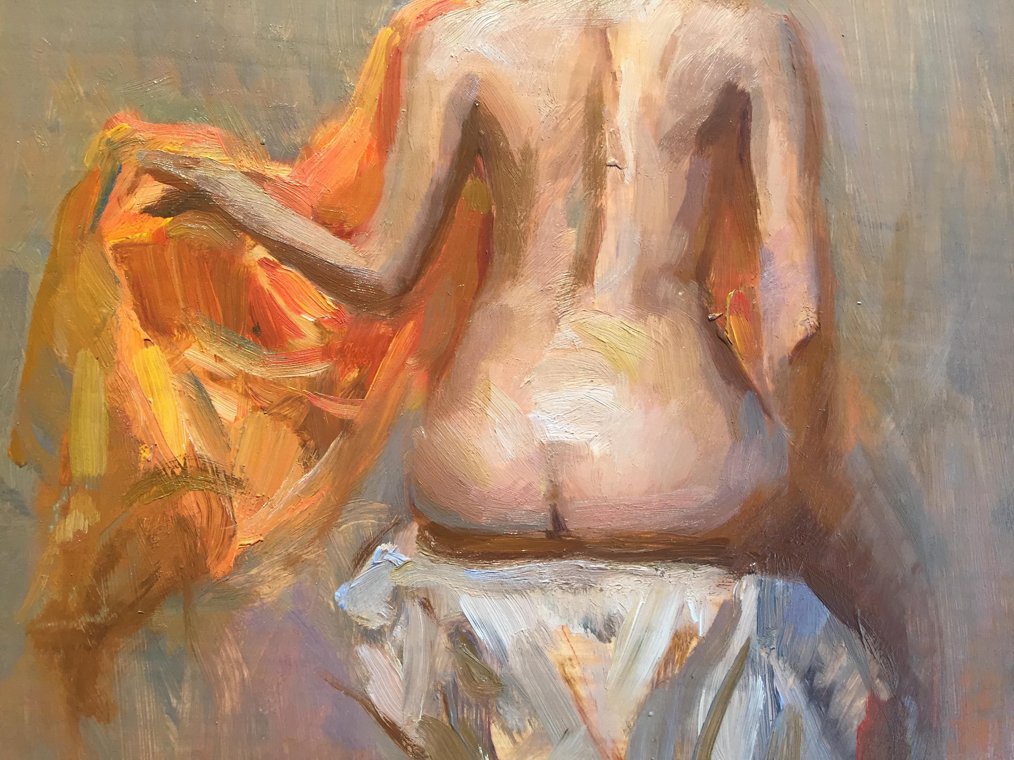 Painted from life, a nude, female figure sits with an orange cloth draped around her shoulders. Ramiro places the figure on a pedestal, draped in white linens. The figure's back is revealed, curving sensually and naturally, hair pulled up in a bun