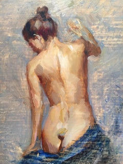 "Up" oil painting of nude figure with blue shawl in black frame with gold trim