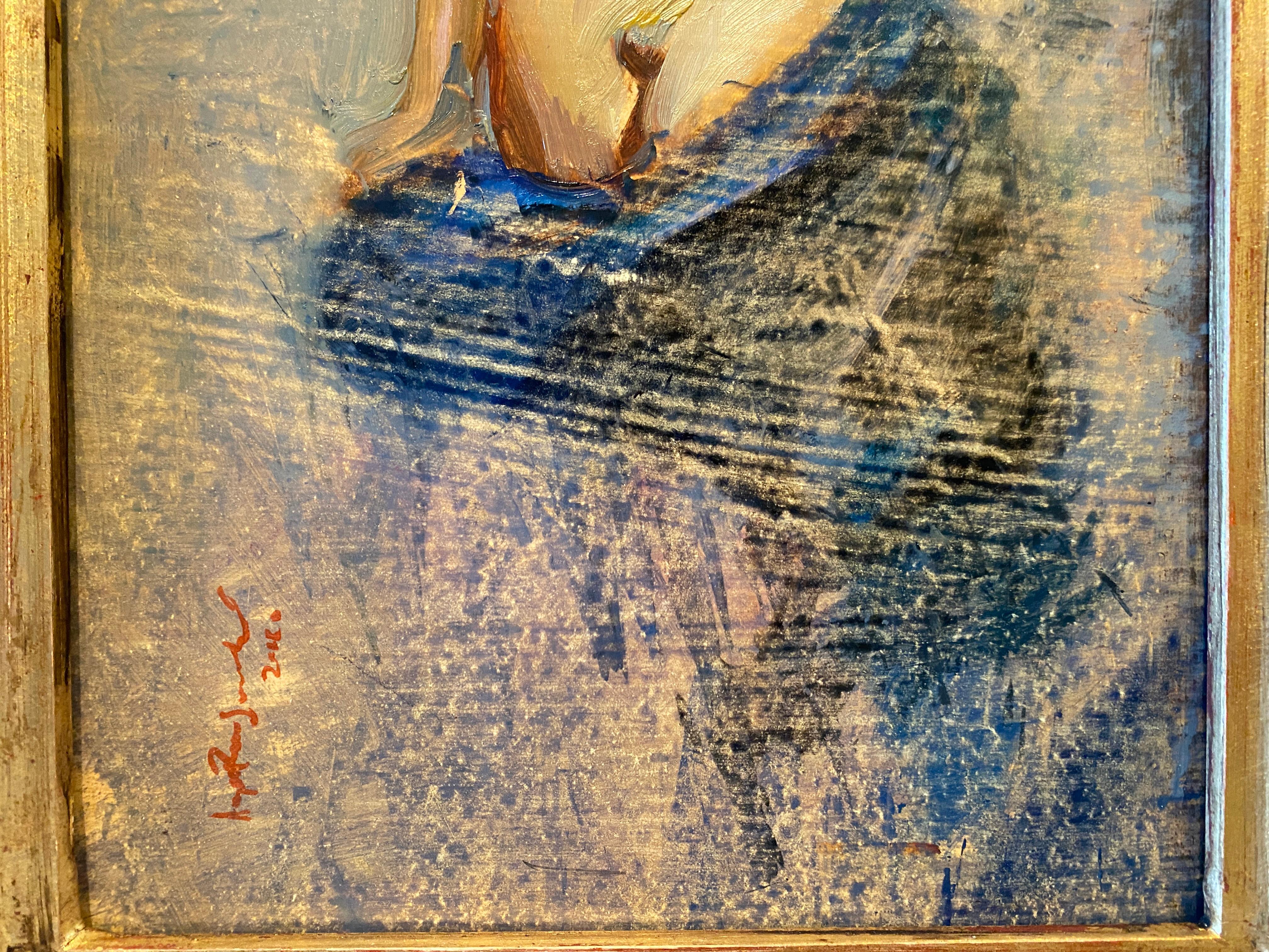 Painted from life, a nude, female figure sits with an blue cloth draped around her bottom. Ramiro places the figure floating in the atmosphere. The figure's back is revealed, curving sensually and naturally, hair pulled up in a bun to accentuate her