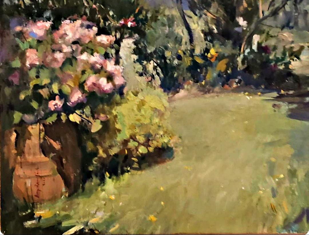 Vista dall'Agriturismo Chianti  , Pittura ad olio di paesaggi, Realismo classico. - Landscape Painting Nero di Angel Ramiro Sanchez