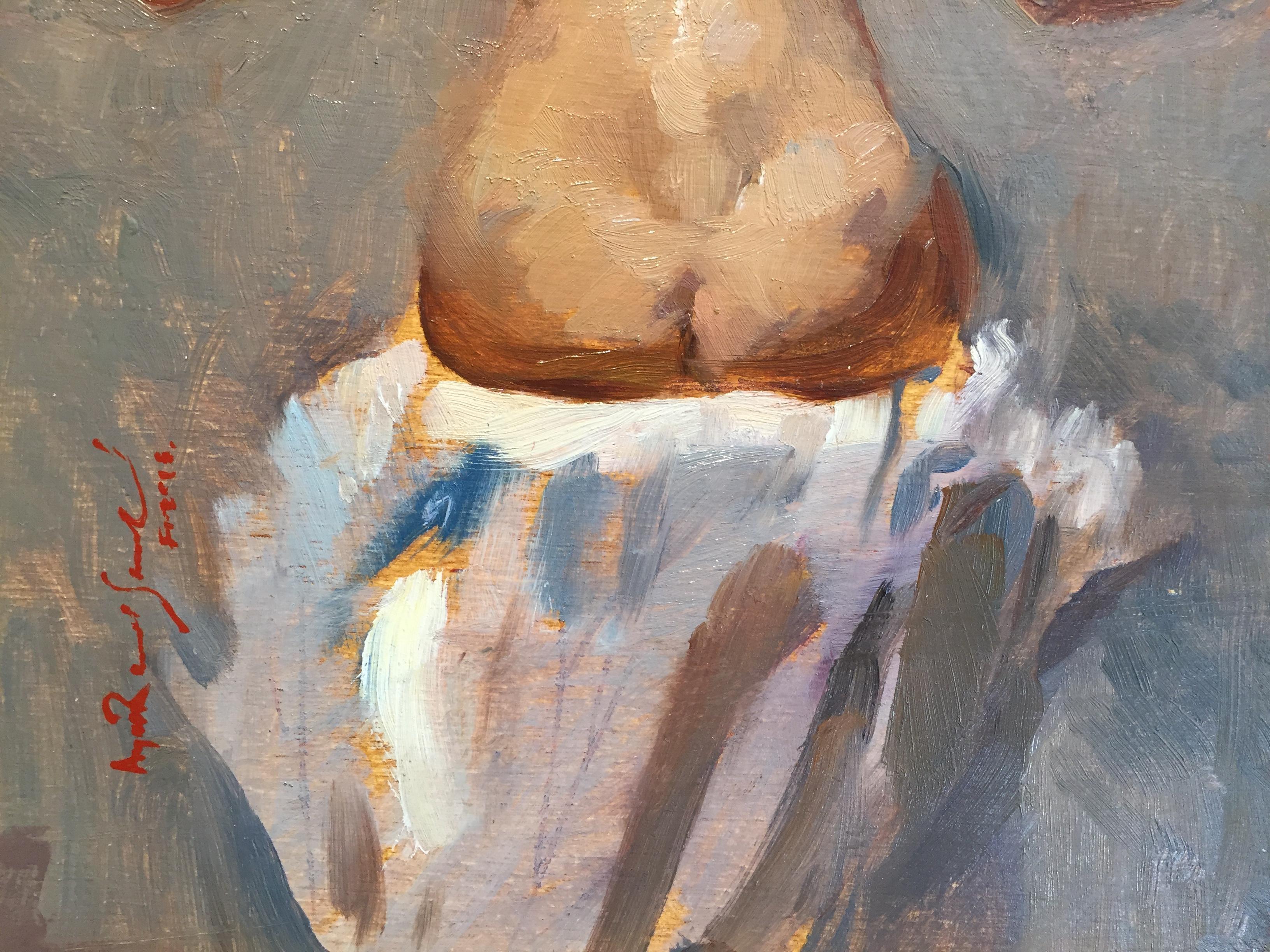 Painted from life, a nude, female figure sits centrally, upon a white linen covered pedestal. The figure's back is revealed, curving sensually and naturally, hair pulled up in a bun to accentuate her form. Her arms reach out to the sides, connoting