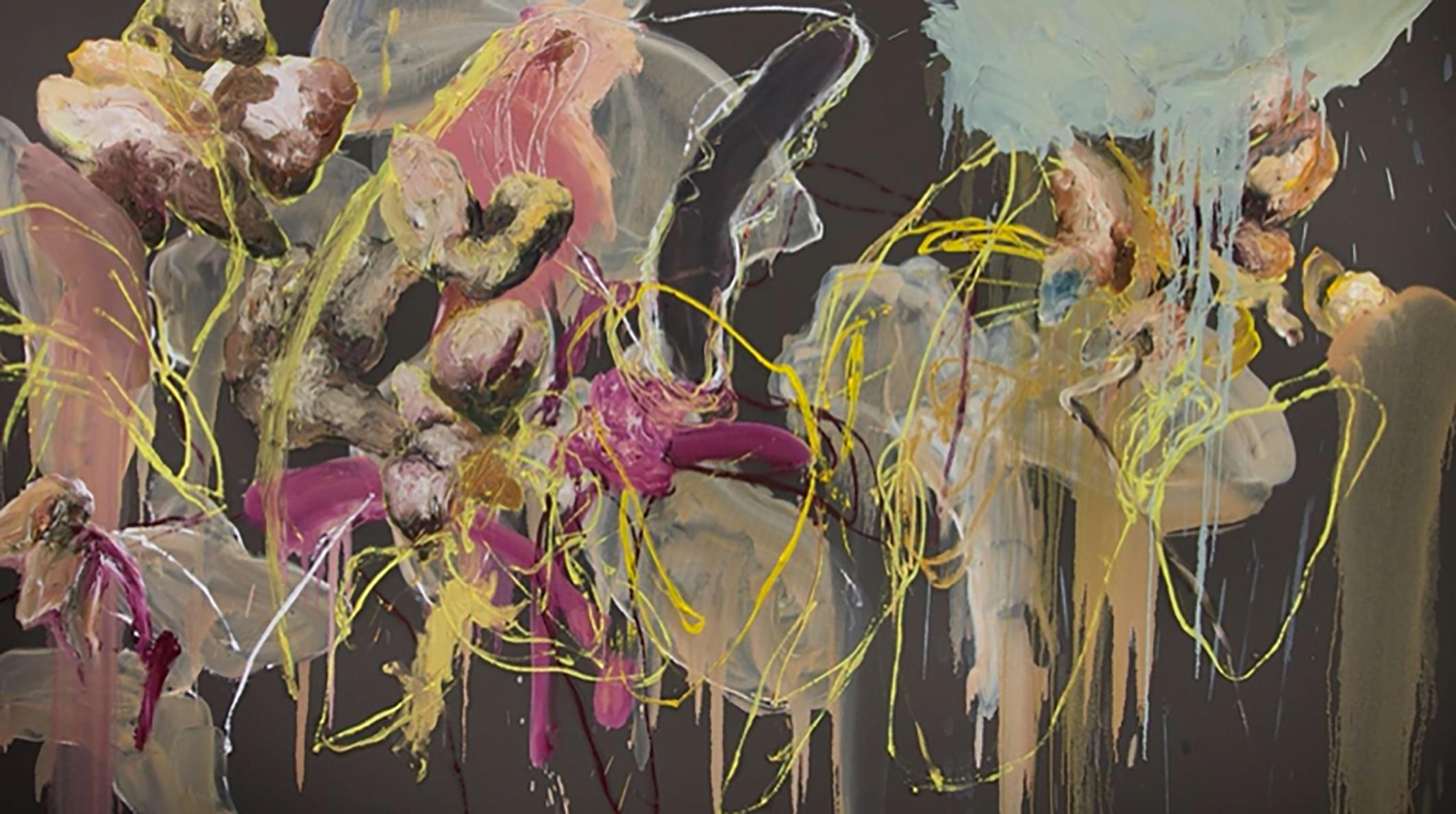 Angel Ricardo Rios Abstract Painting - Baños mixtos y señoritas de falda larga