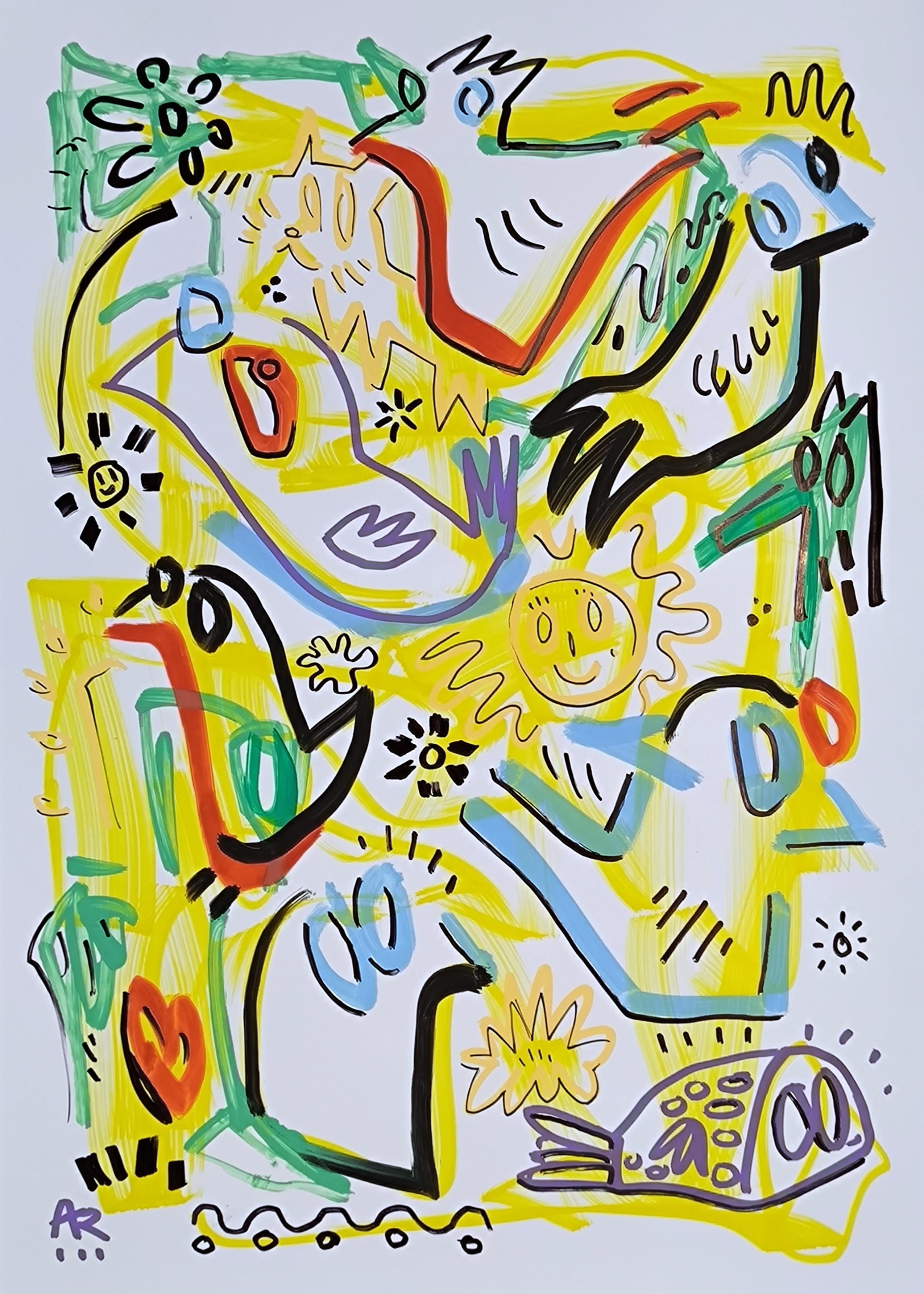 2 Drawings, SUN & BIRDS - Painting by Angel Rivas