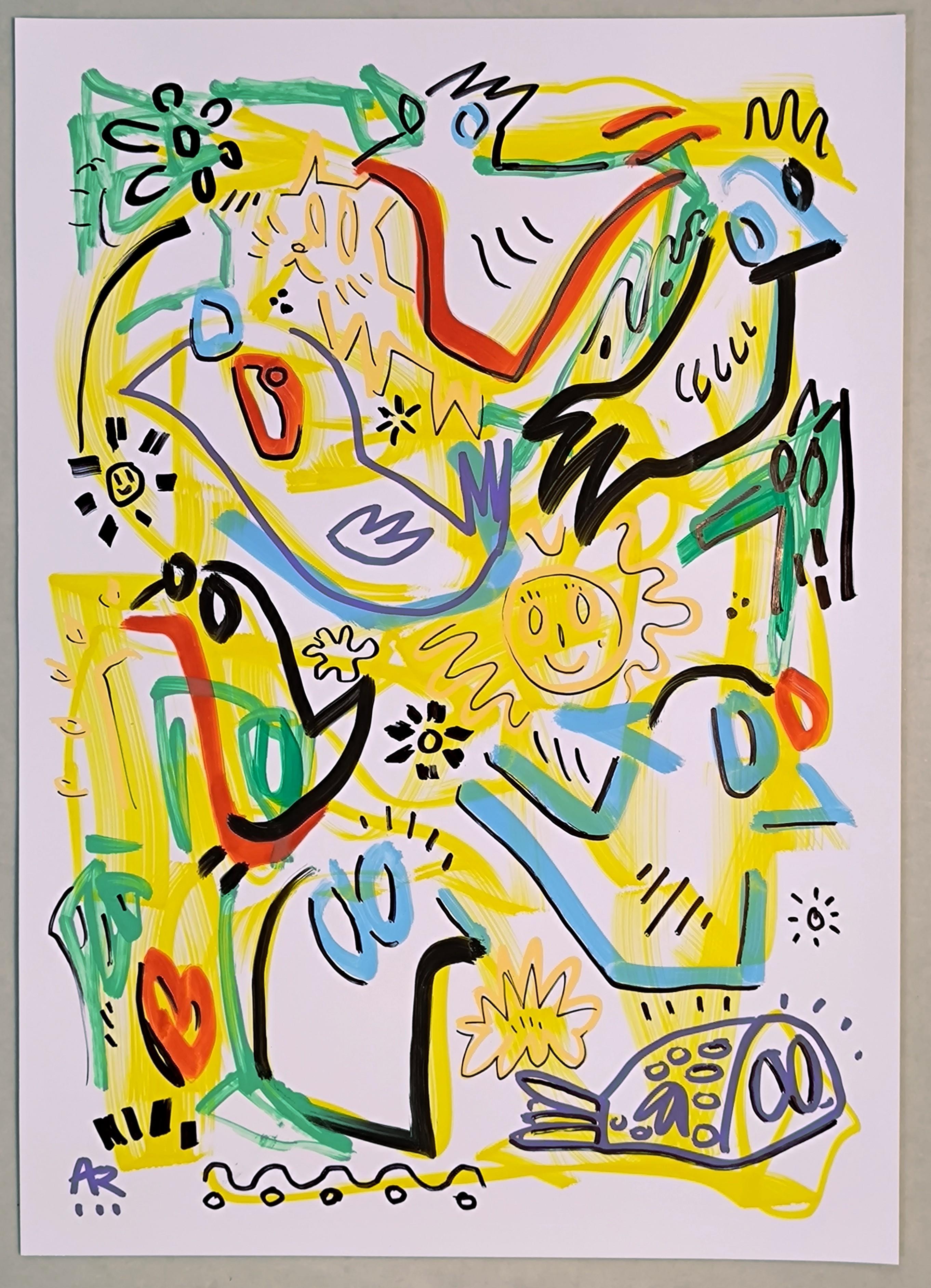 2 Drawings, SUN & BIRDS - Neo-Expressionist Painting by Angel Rivas