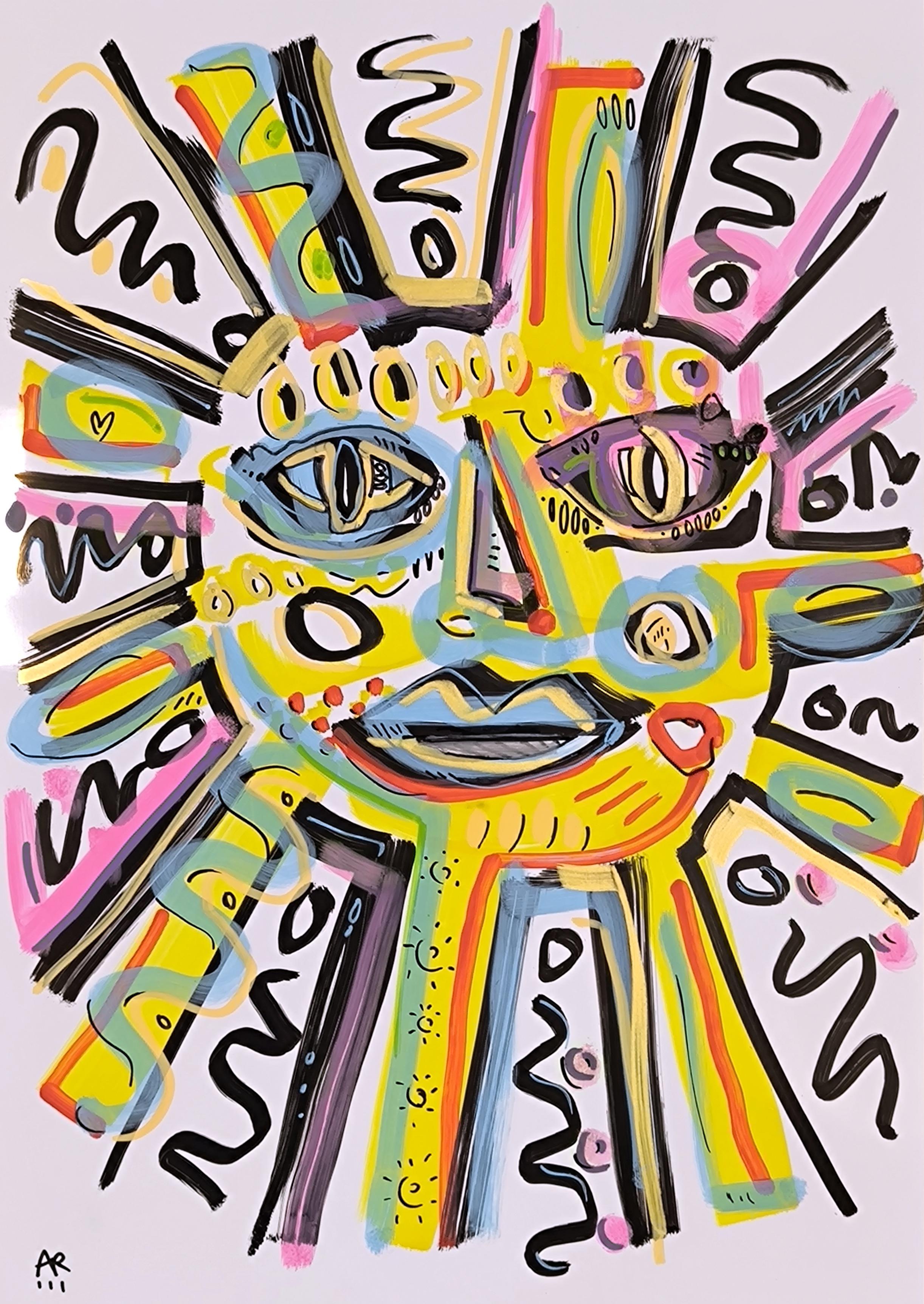 2 Drawings, SUN & BIRDS - Beige Figurative Painting by Angel Rivas