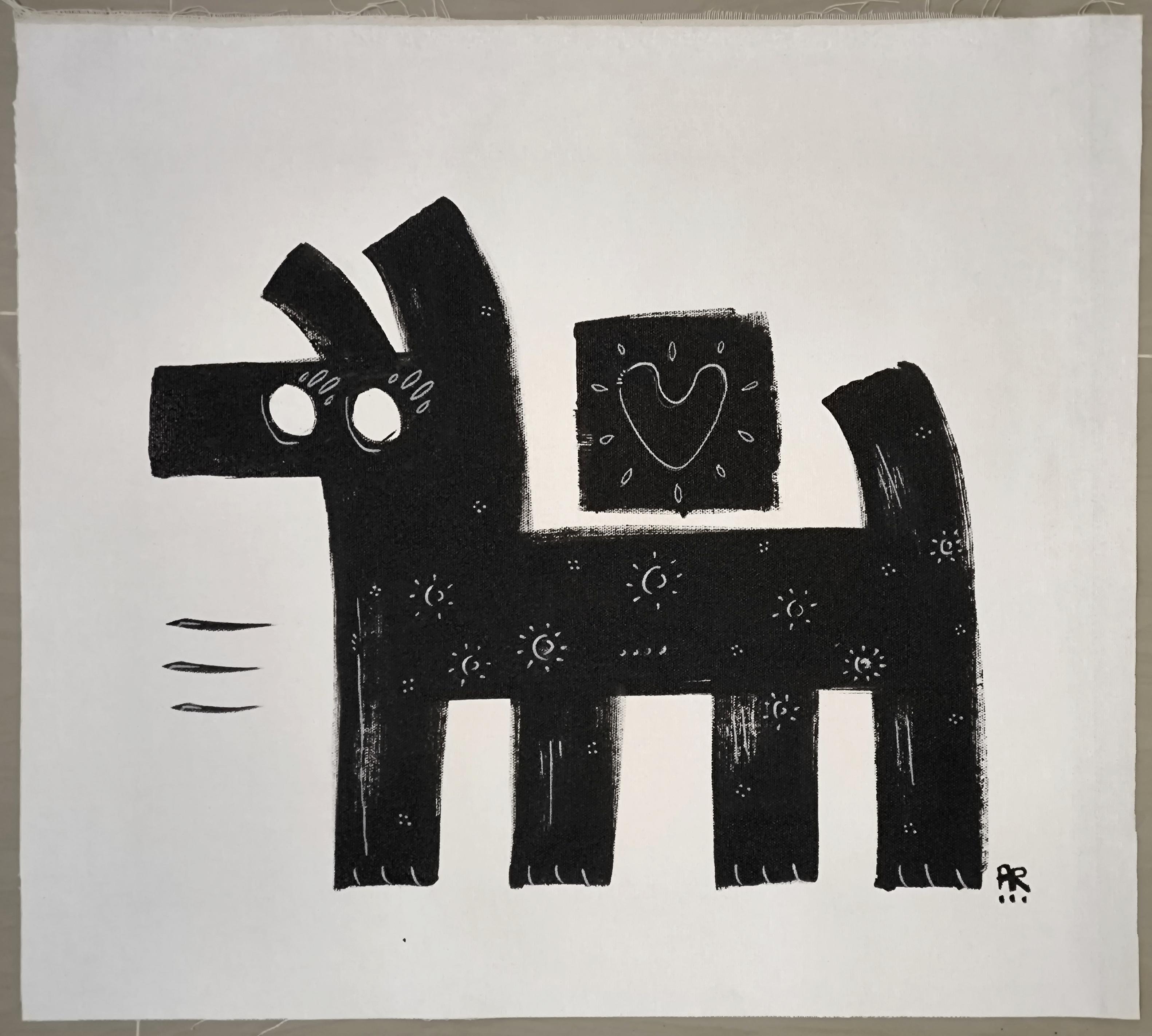 BLACK DOG / PURE LOVE - Black Figurative Painting by Angel Rivas