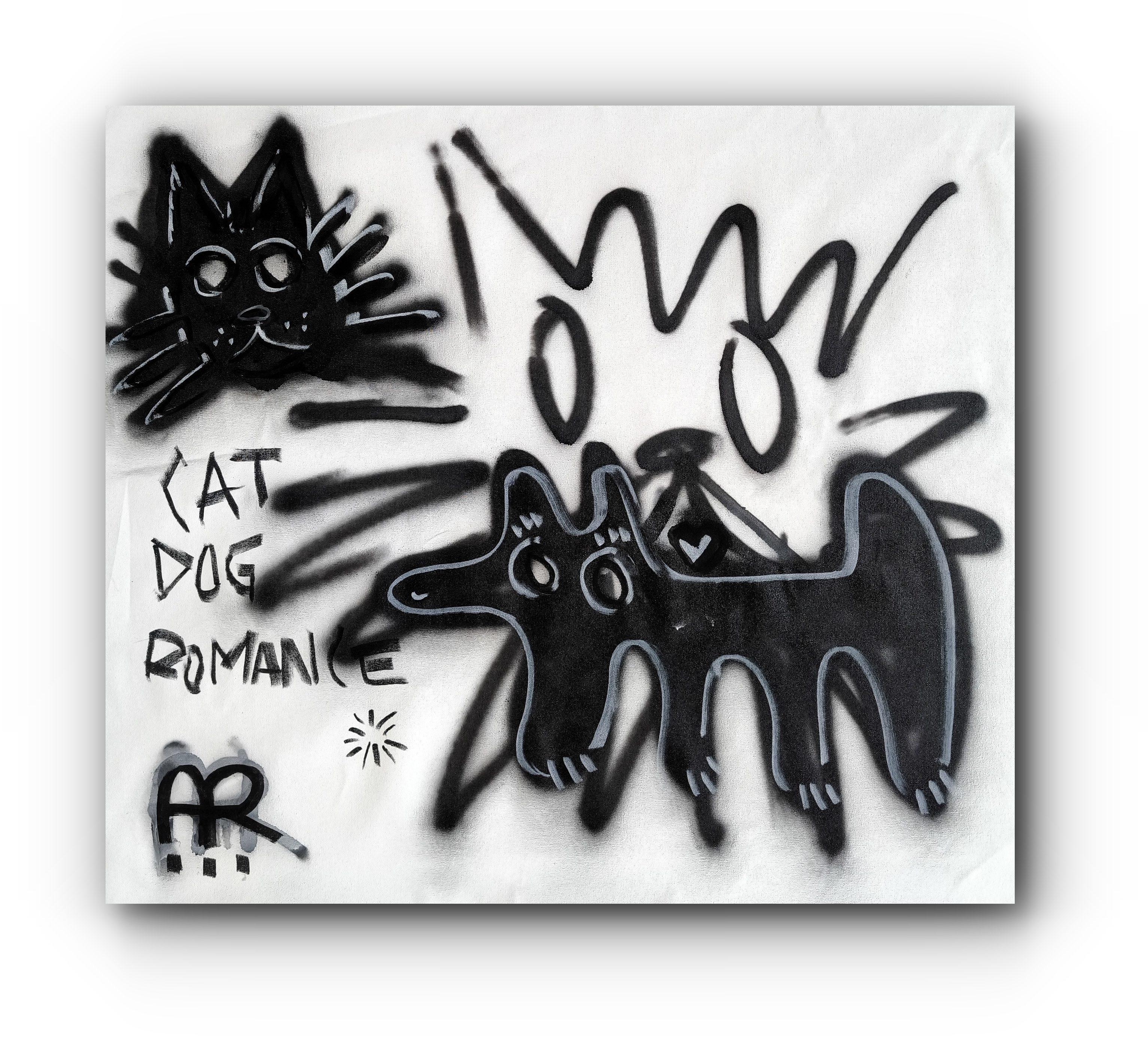 KATZE & HUND ROMANZE (Grau), Figurative Painting, von Angel Rivas
