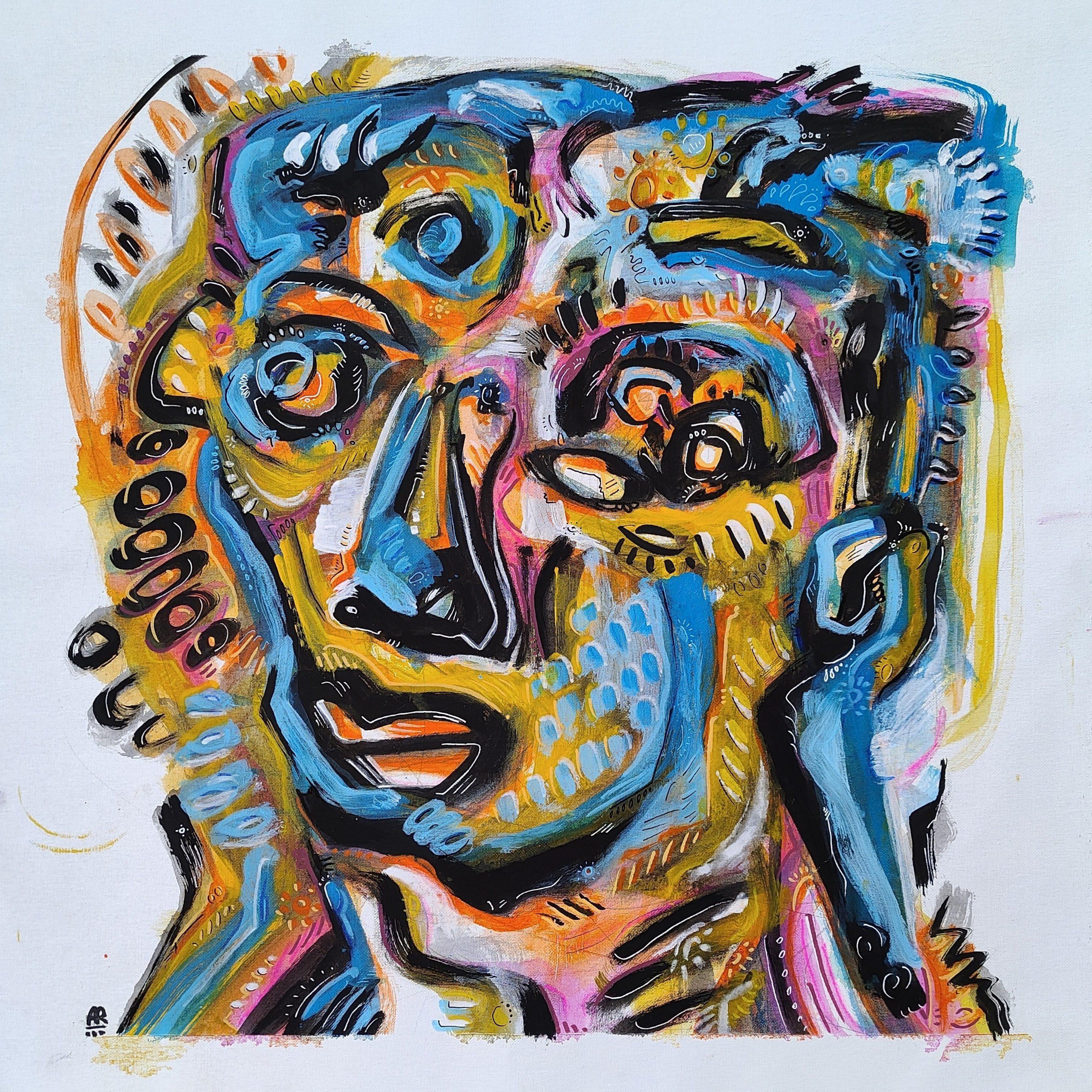 FACCIA DA PAZZO - Figurative Painting Beige di Angel Rivas