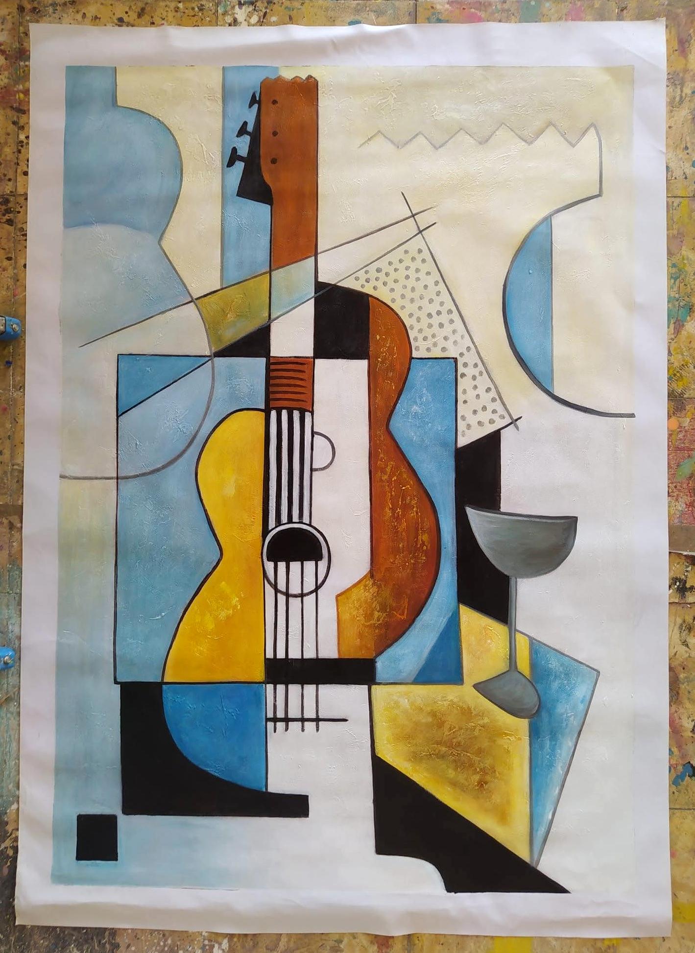 GUITARE CUBISTE - Cubisme Painting par Angel Rivas