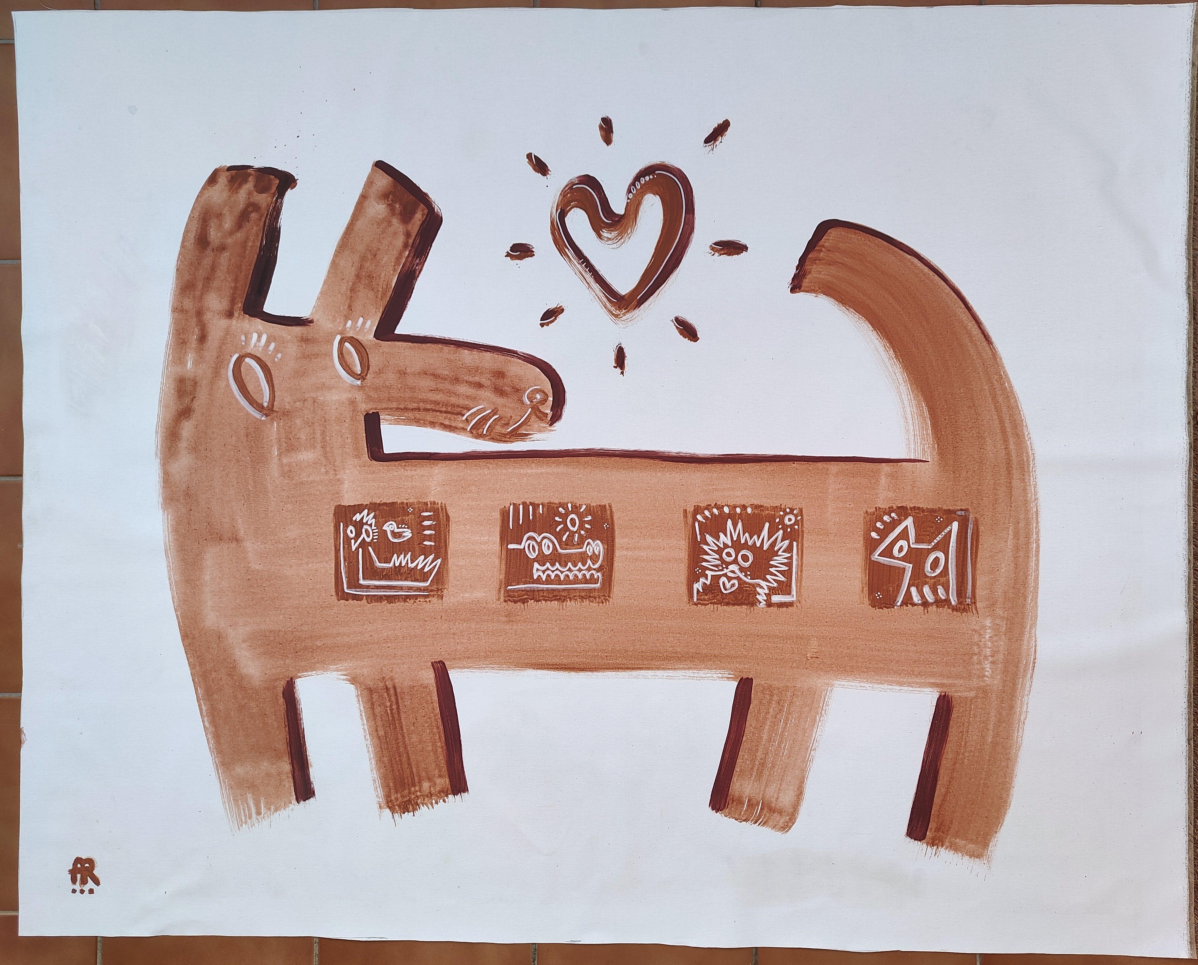 AMOR DE PERRO / AMOR PURO, pintura sobre lienzo - Animal Painting Gris de Angel Rivas