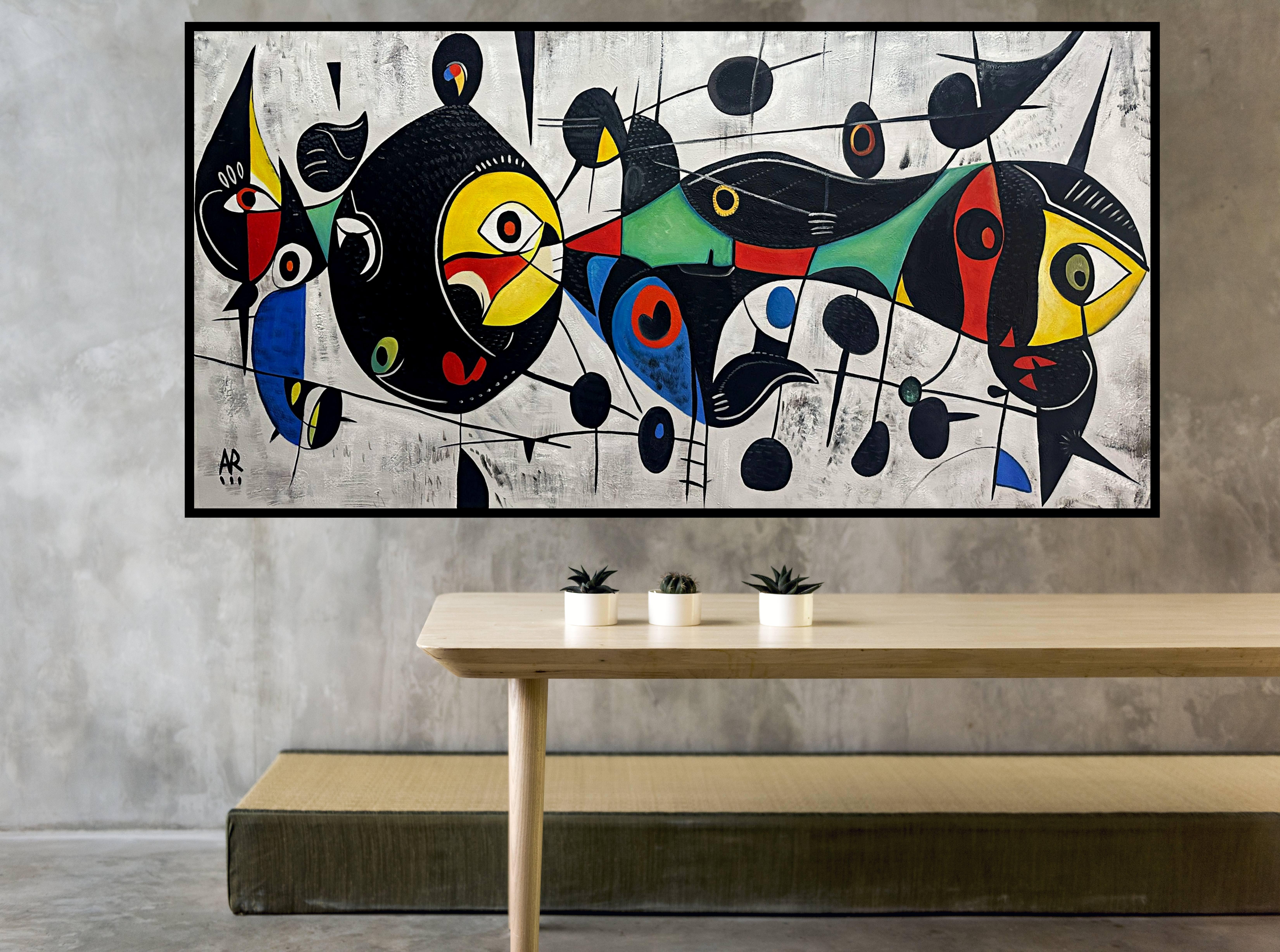 SUEÑOS DE MIRÓ - Figurative Painting Beige de Angel Rivas