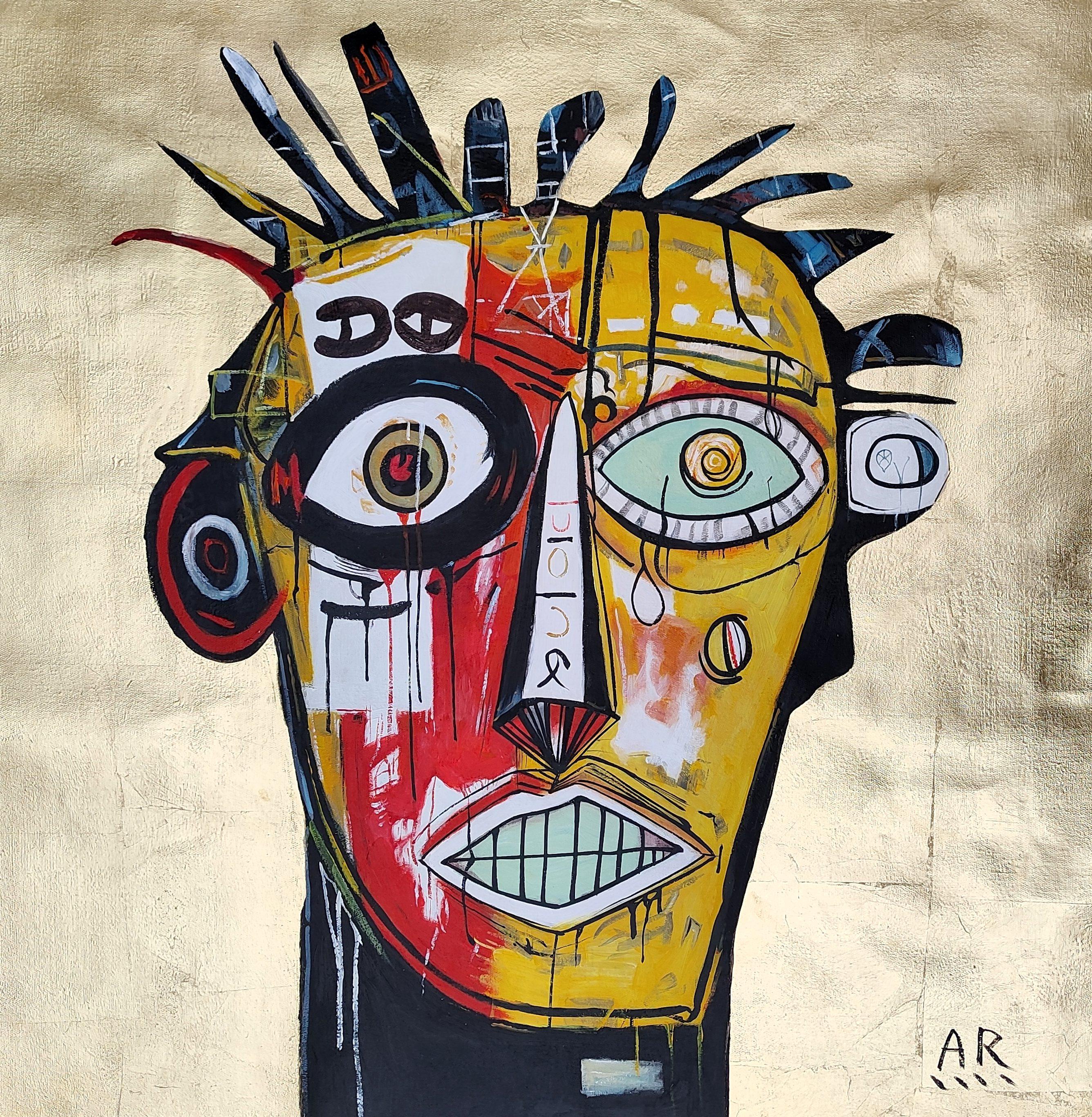 MASQUE D'OR - Postmoderne Painting par Angel Rivas