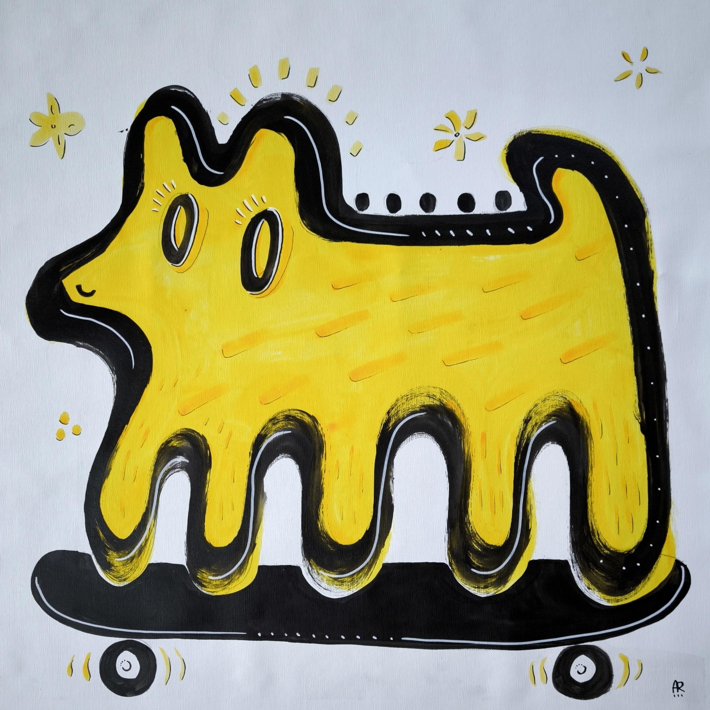 SKATER DOG (Beige), Figurative Painting, von Angel Rivas