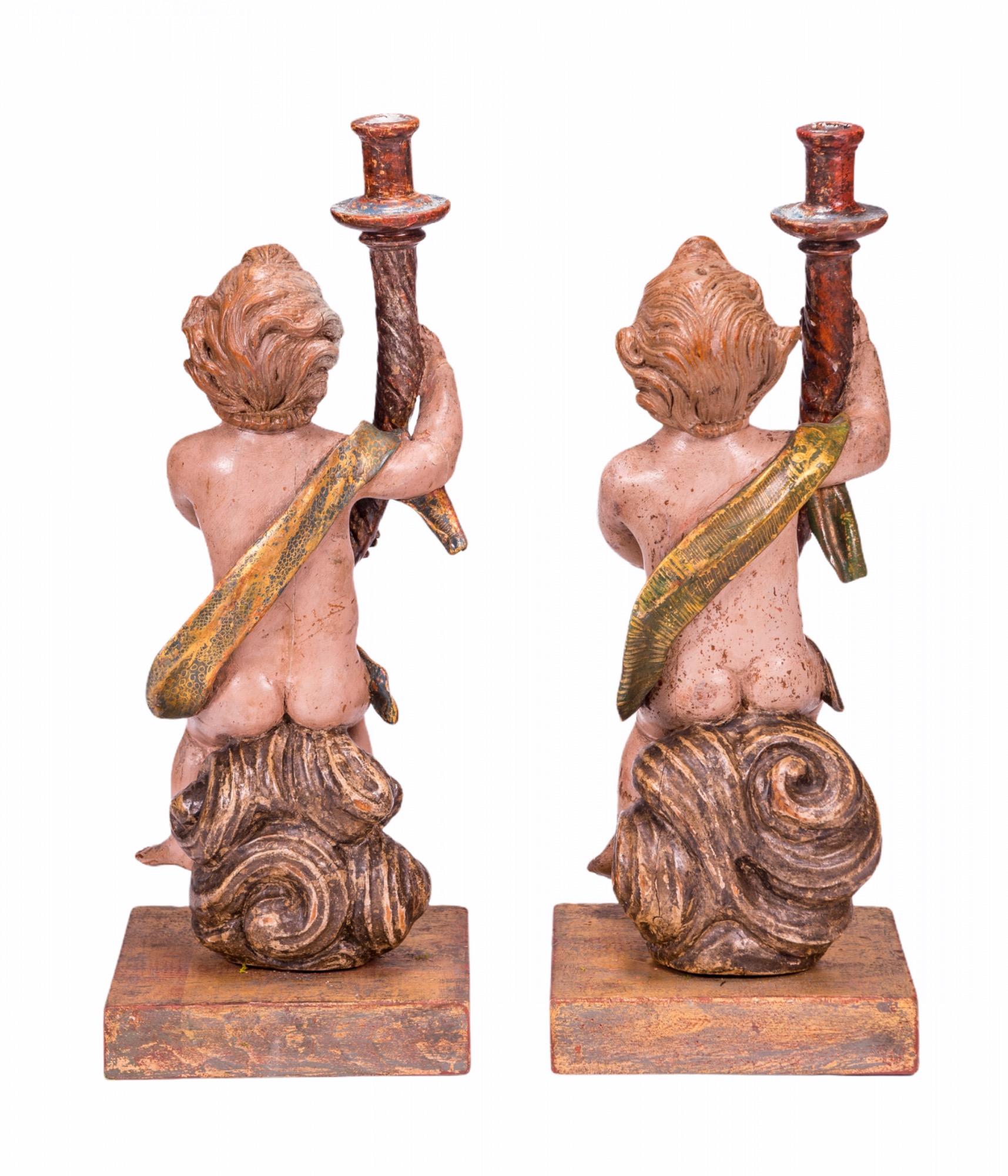 Baroque Angel Sculptures with Torch Shaped Candleholders, 17th Century