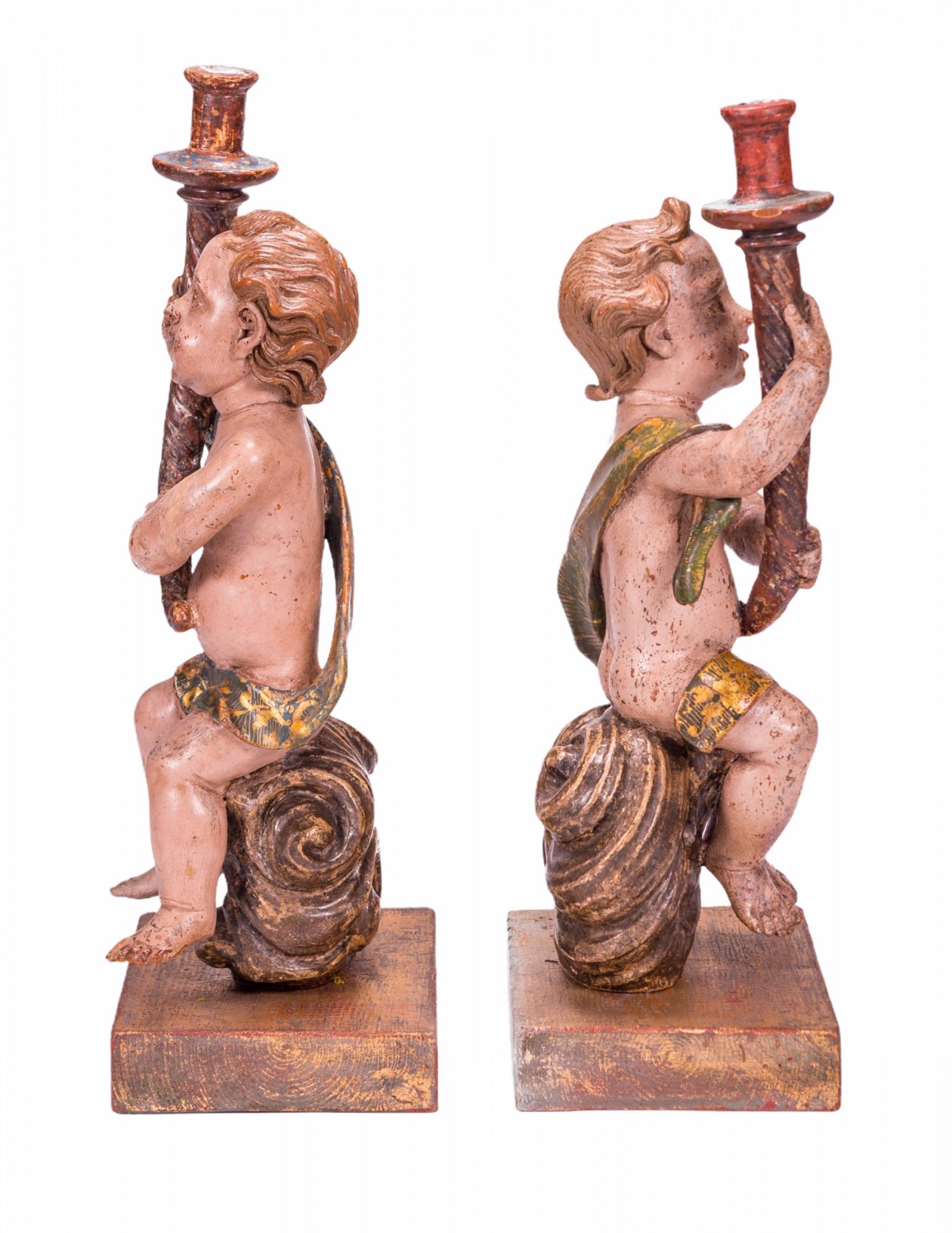 Italian Angel Sculptures with Torch Shaped Candleholders, 17th Century