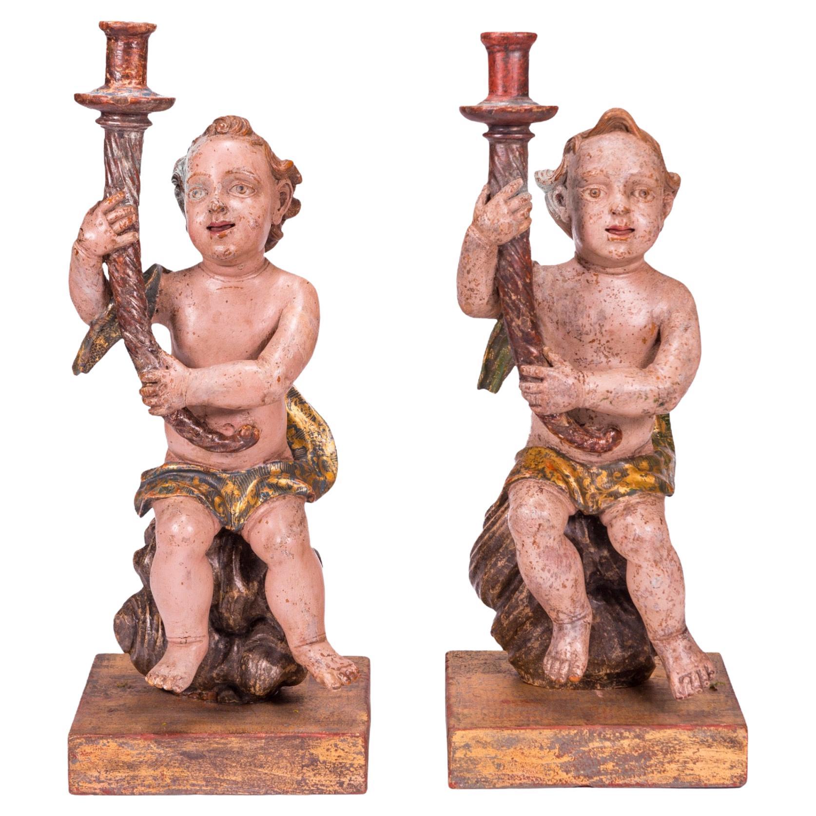 Angel Sculptures with Torch Shaped Candleholders, 17th Century