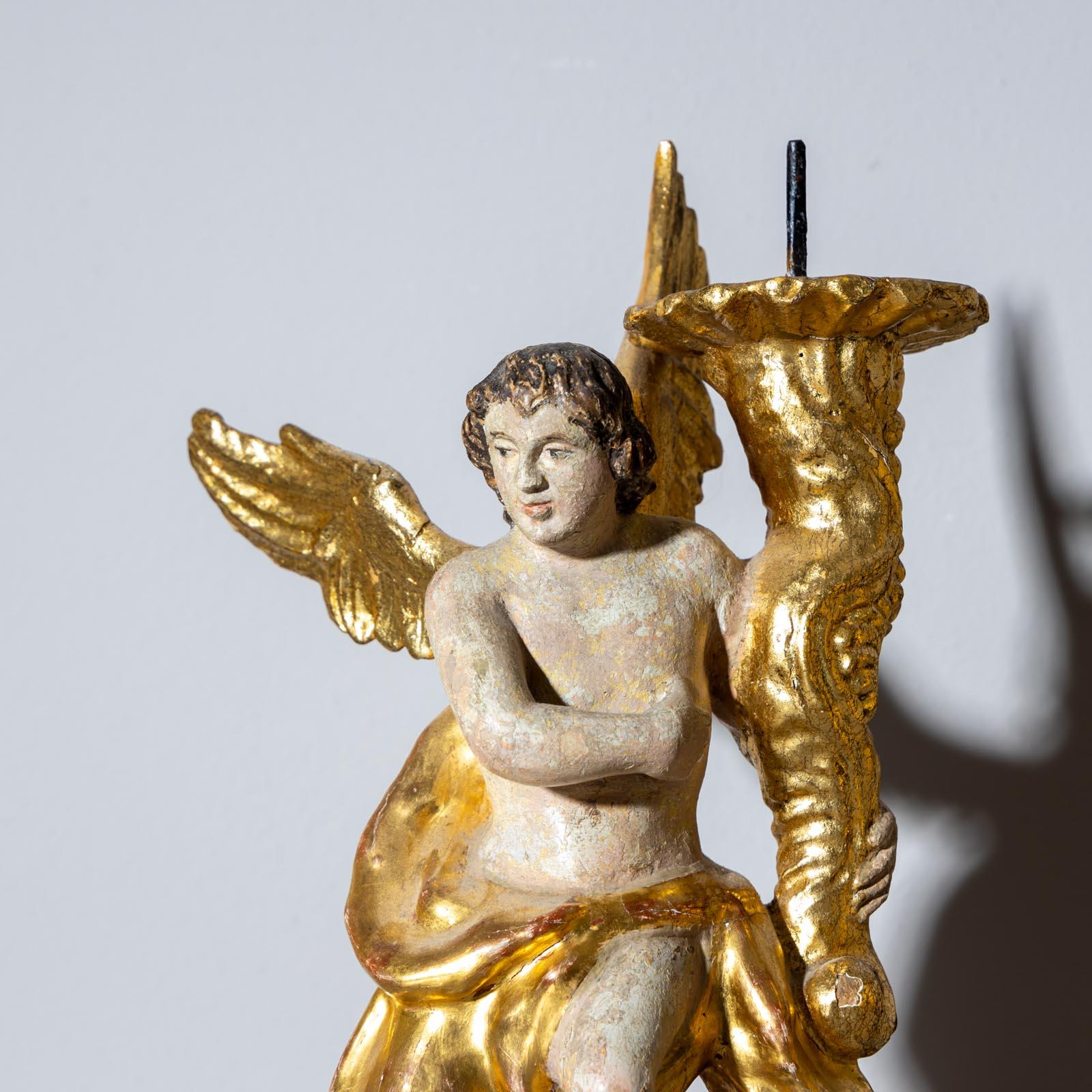 Patinated Angel-shaped Altar Candlesticks, 18th Century