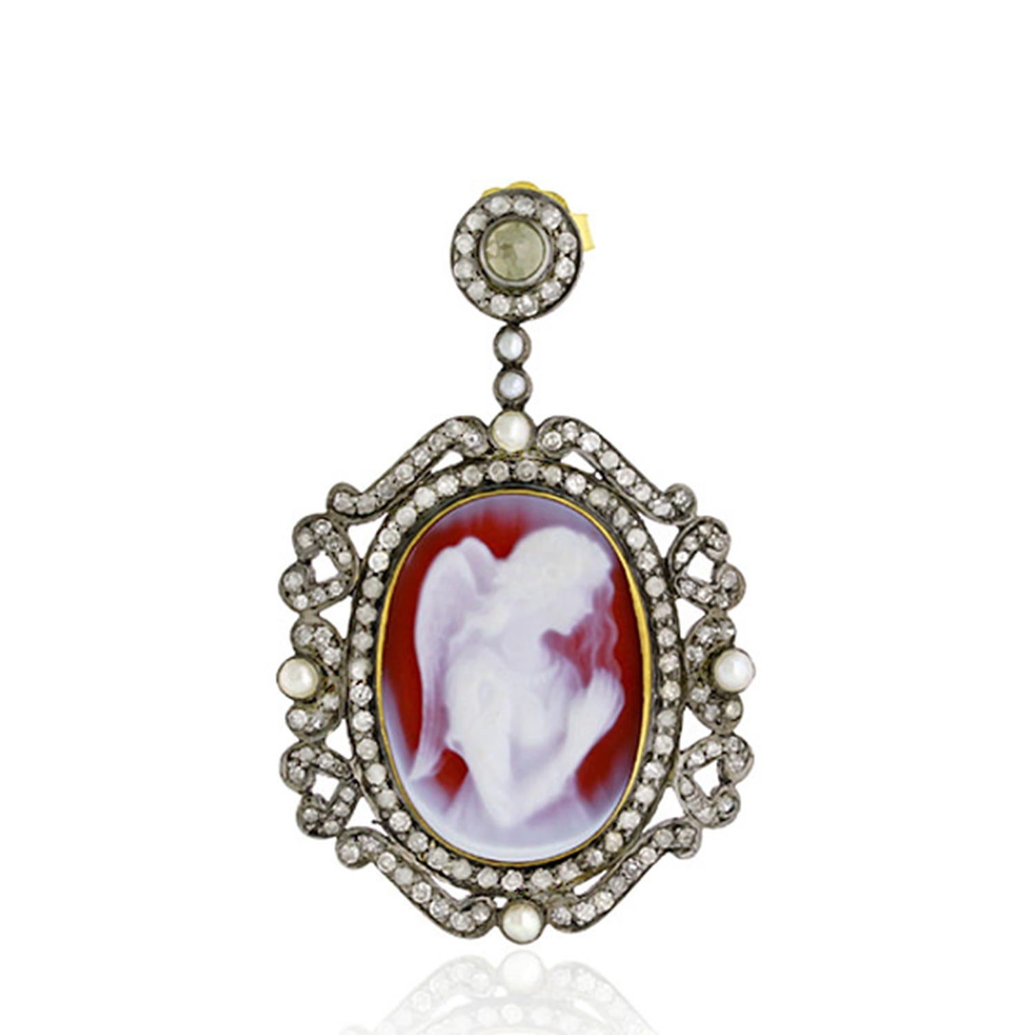 Round Cut Angel Shell Cameo Dangle Earrings With Pearls and Diamonds 29.15 Carats For Sale
