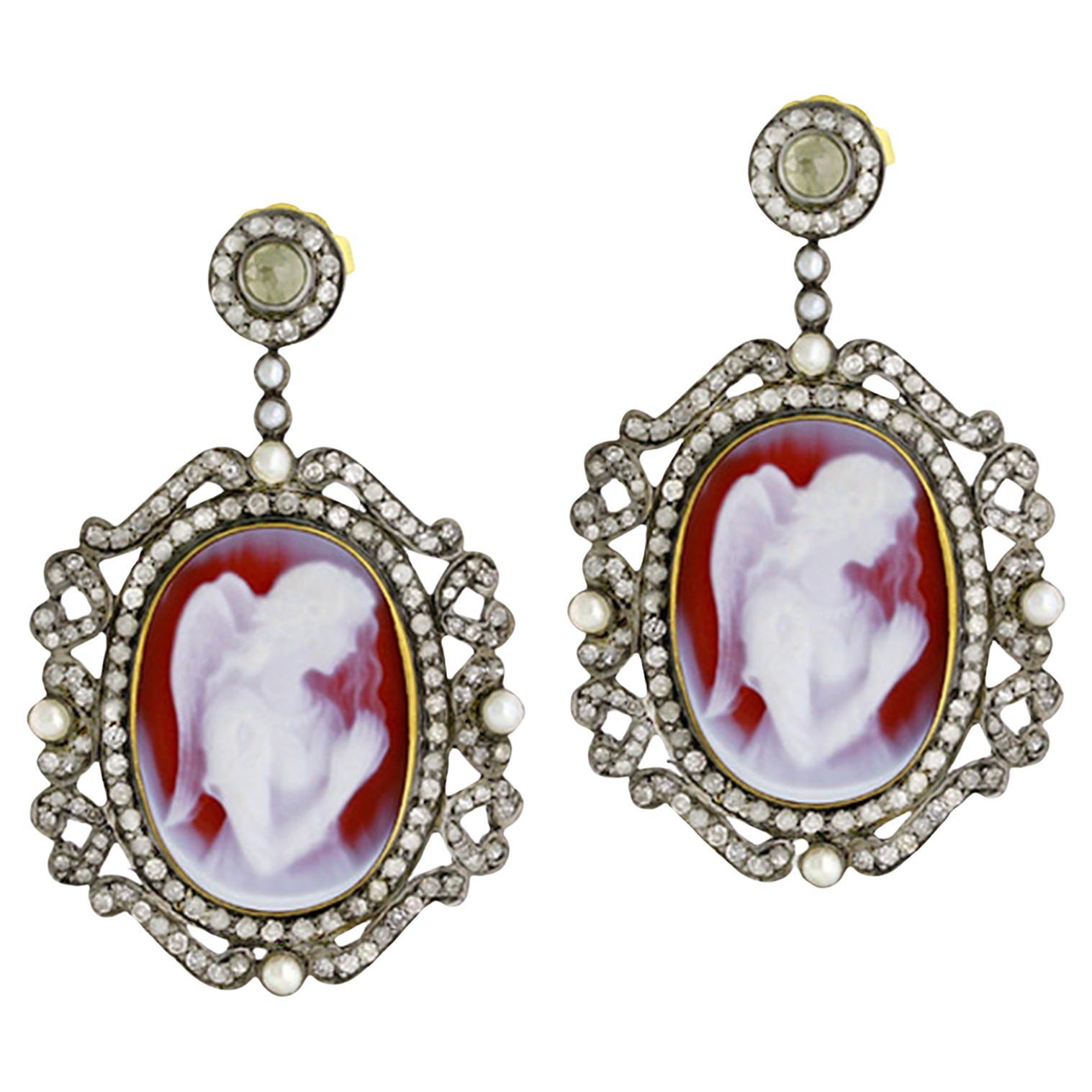 Angel Shell Cameo Dangle Earrings With Pearls and Diamonds 29.15 Carats For Sale