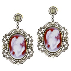 Vintage Angel Shell Cameo Dangle Earrings With Pearls and Diamonds 29.15 Carats
