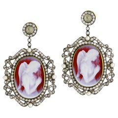 Vintage Angel Shell Cameo Dangle Earrings With Pearls and Diamonds 29.15 Carats